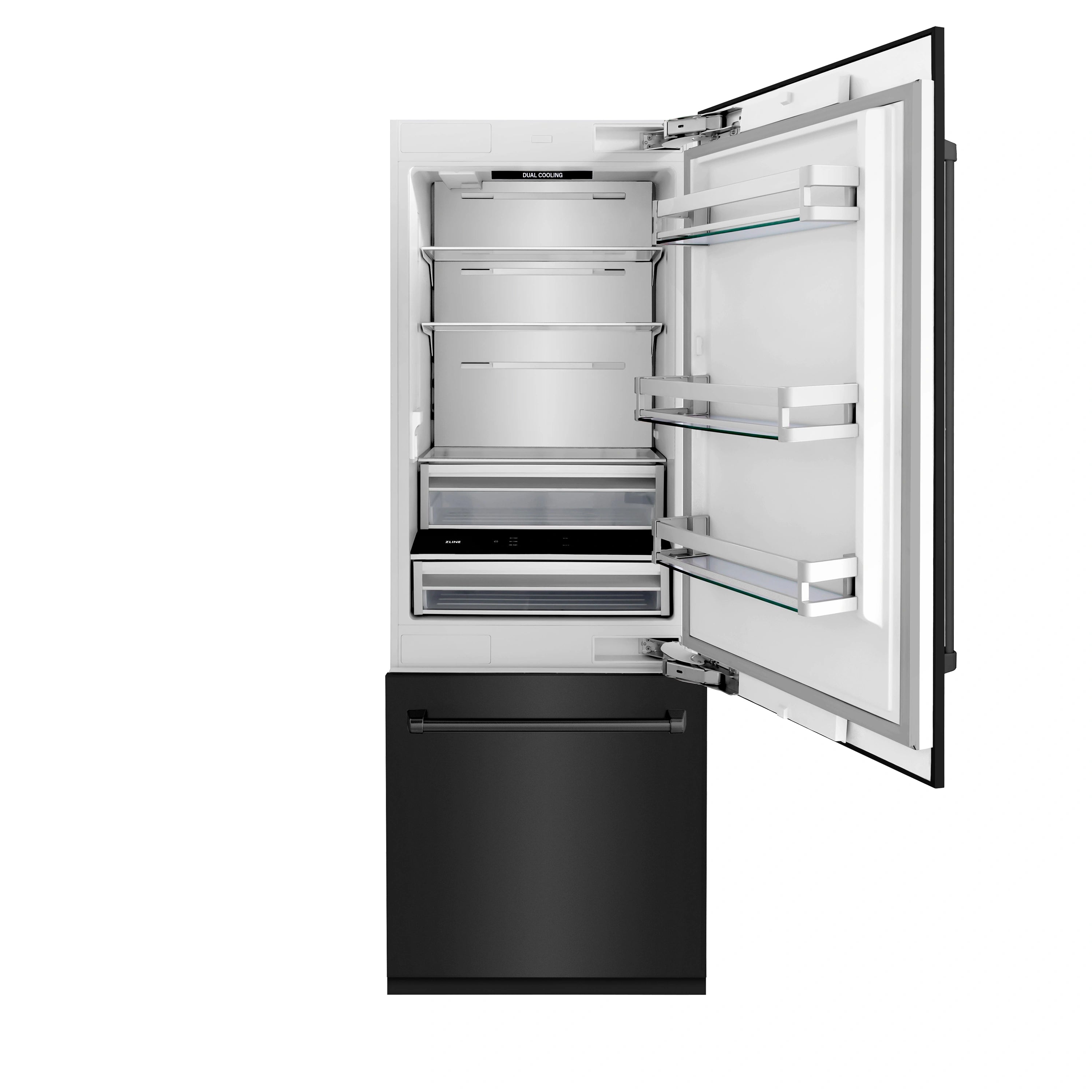ZLINE built-in bottom freezer refrigerator with doors open, interior shelves and drawers visible