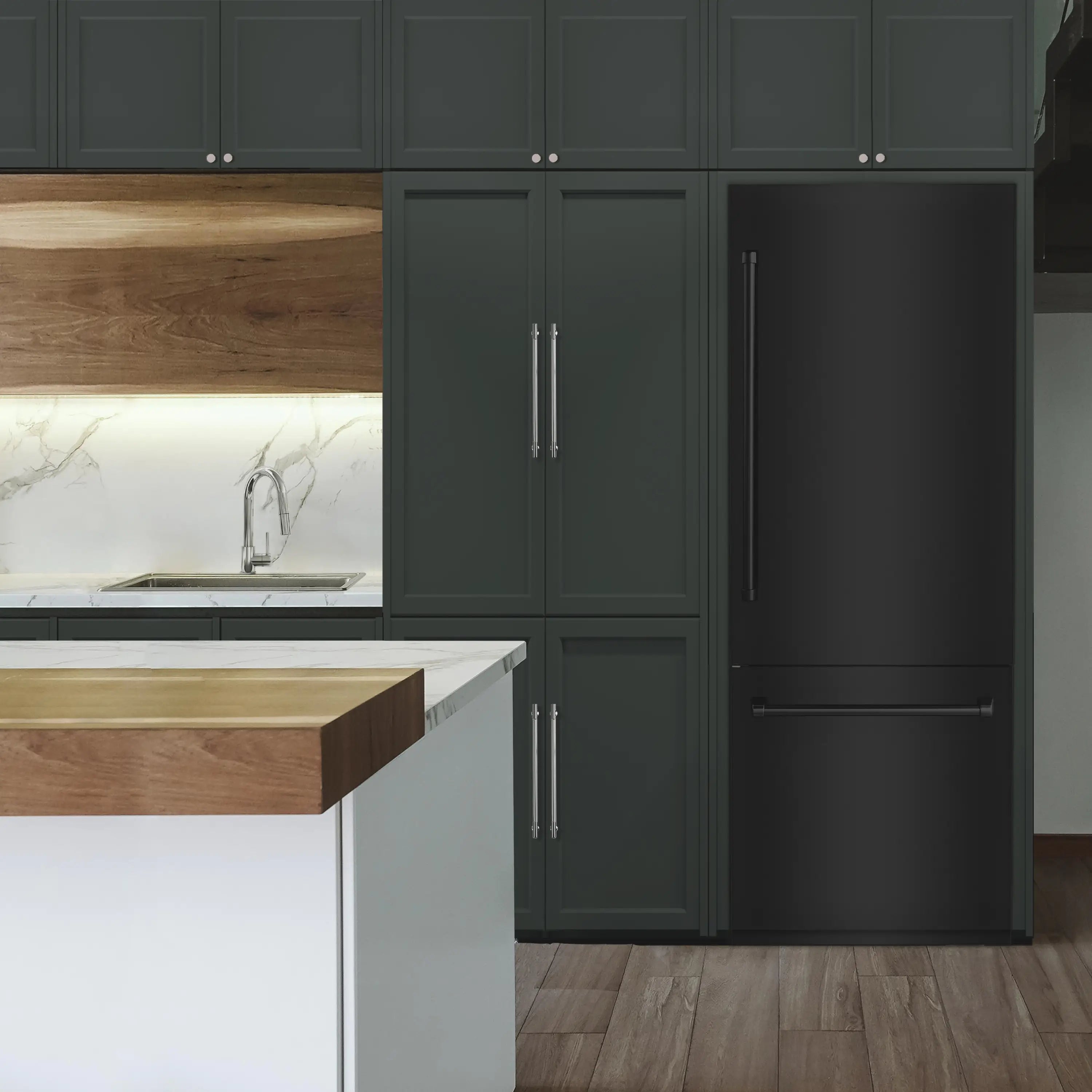 Black stainless steel bottom freezer refrigerator with integrated door handles