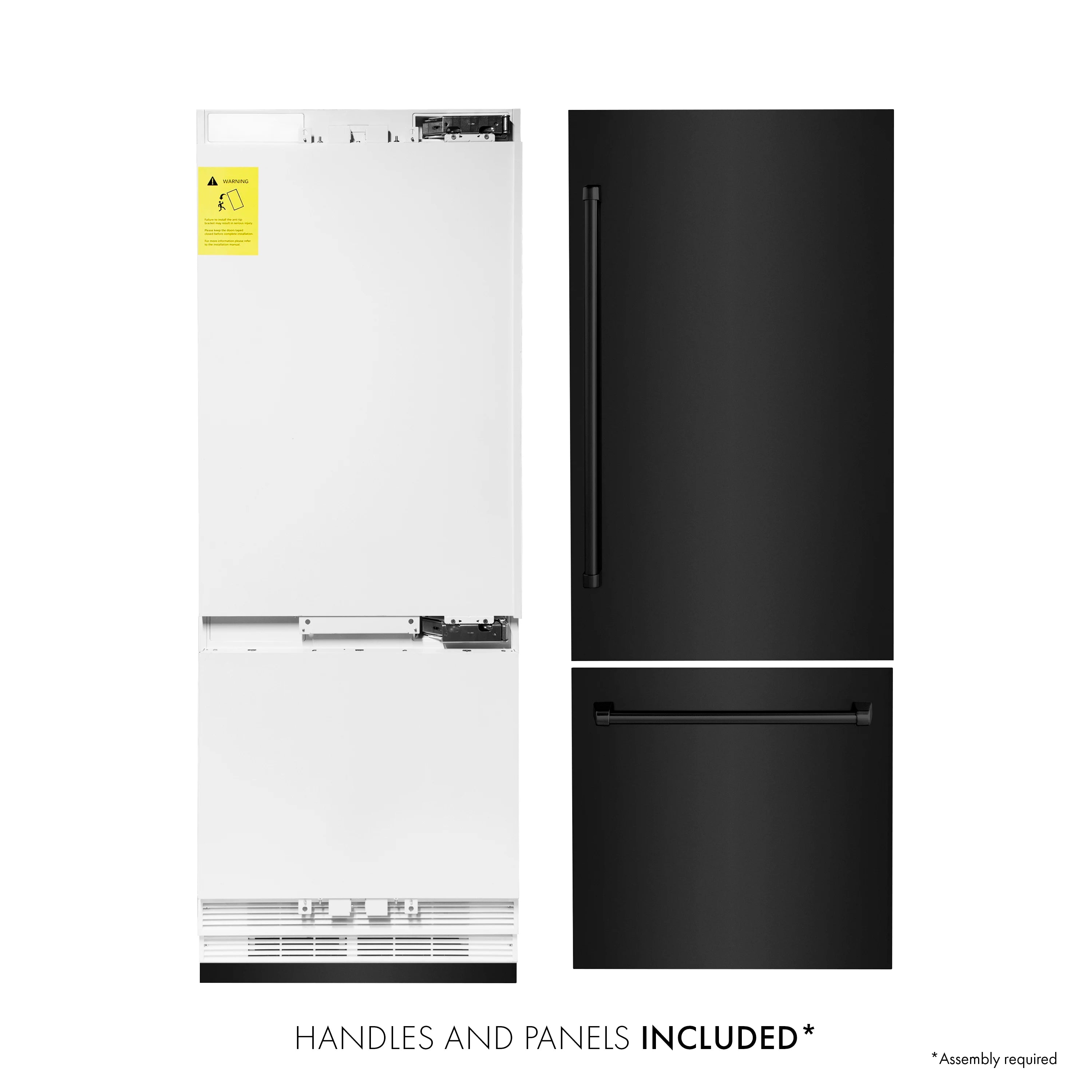 Panel and handle layout for refrigerator installation, black and white pieces