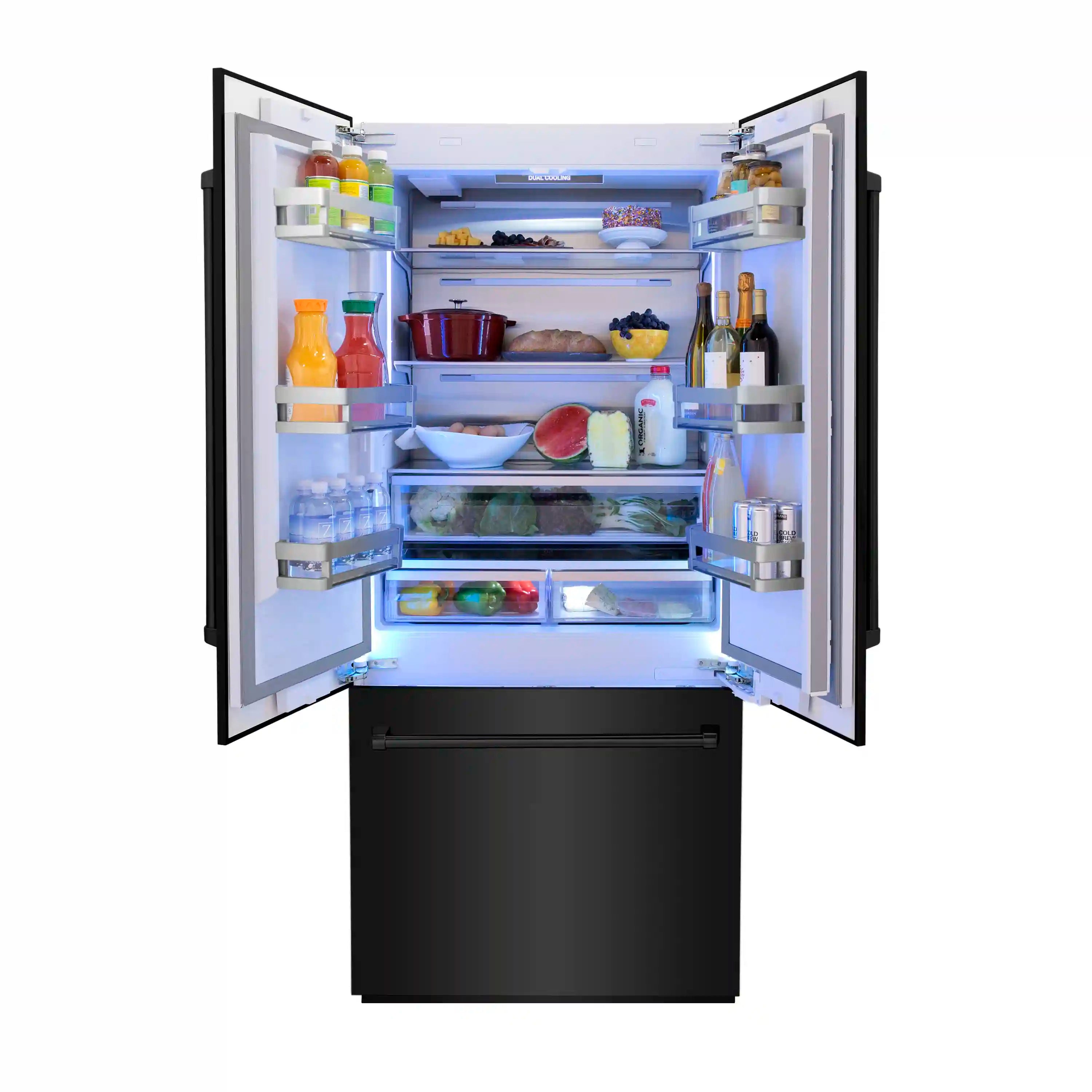 Built-in freezer refrigerator interior with lighting and door compartments