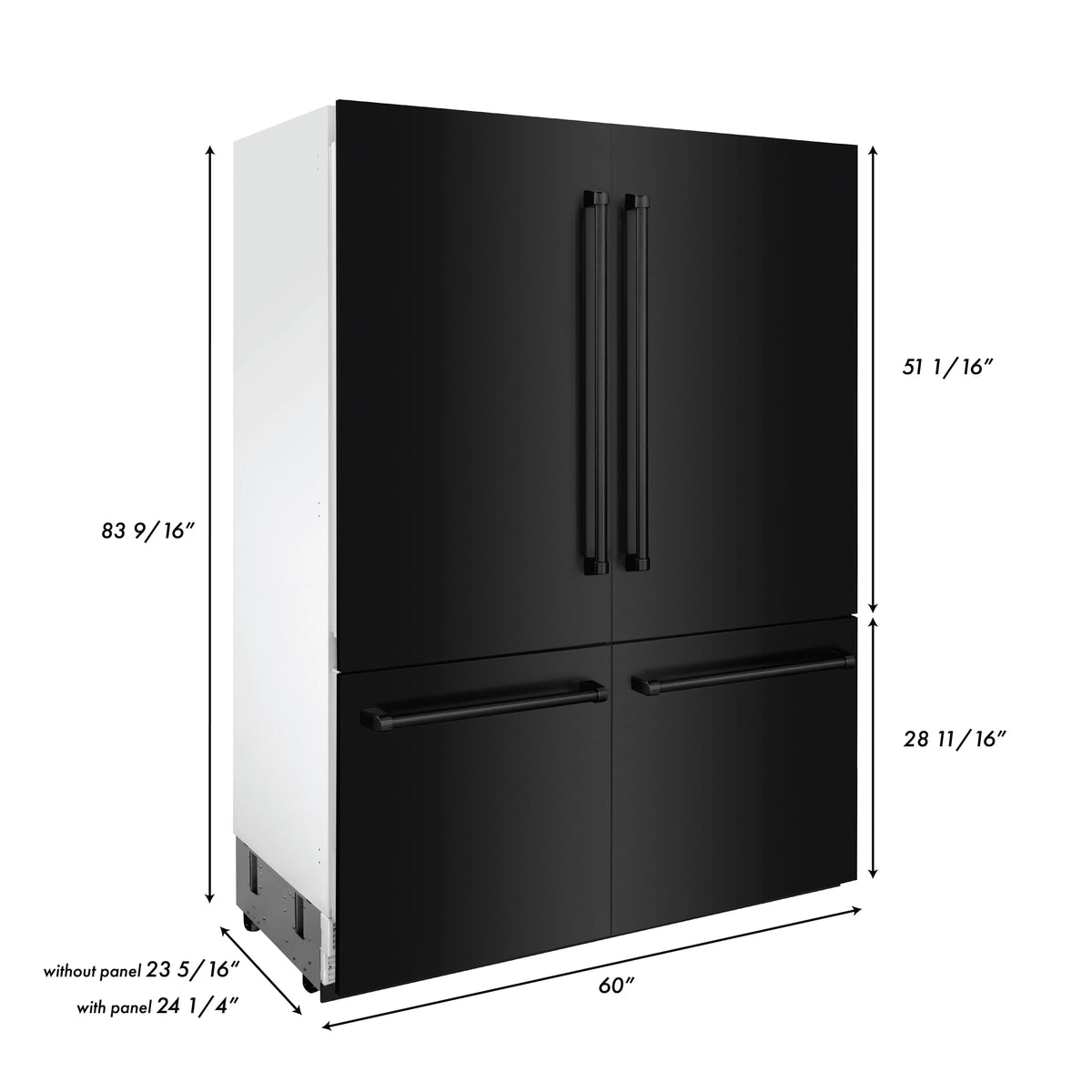Built-in refrigerator dimension diagram in black with vertical and horizontal handles