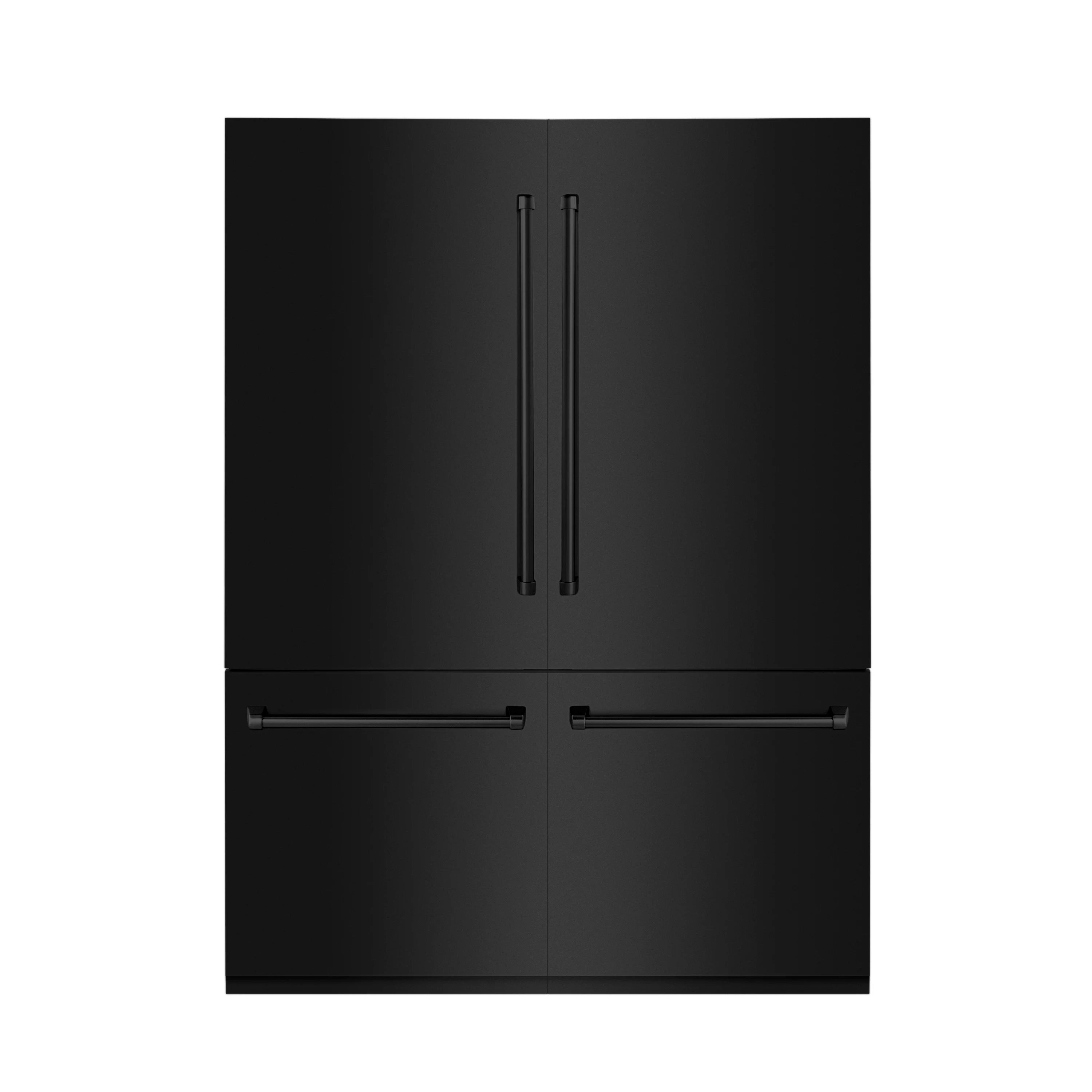Black stainless steel refrigerator front with vertical handles and center divider