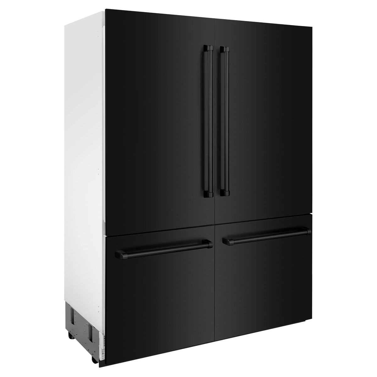 Black stainless steel refrigerator front view with vertical handles and drawer