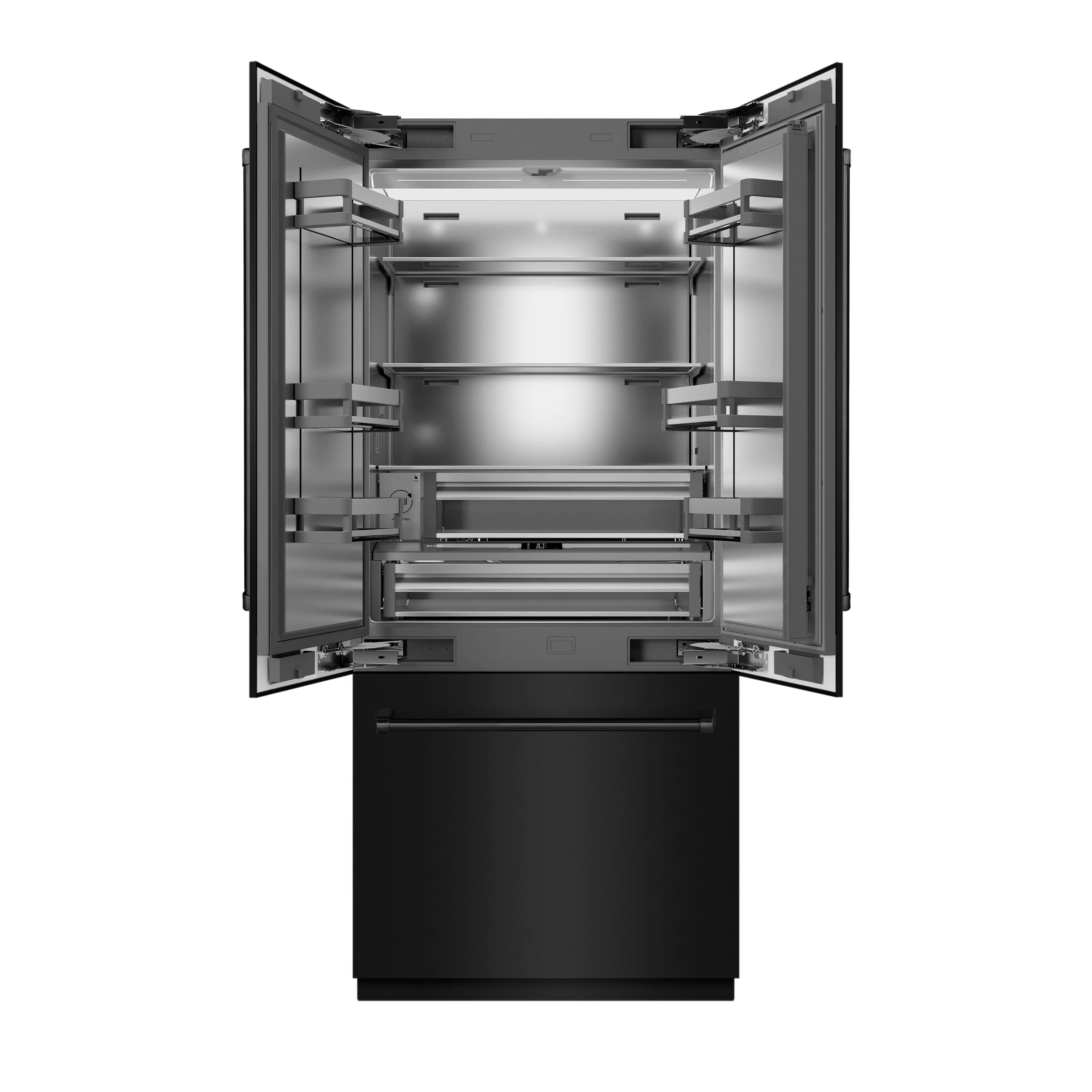 Black stainless French door refrigerator with both doors open showing interior shelves