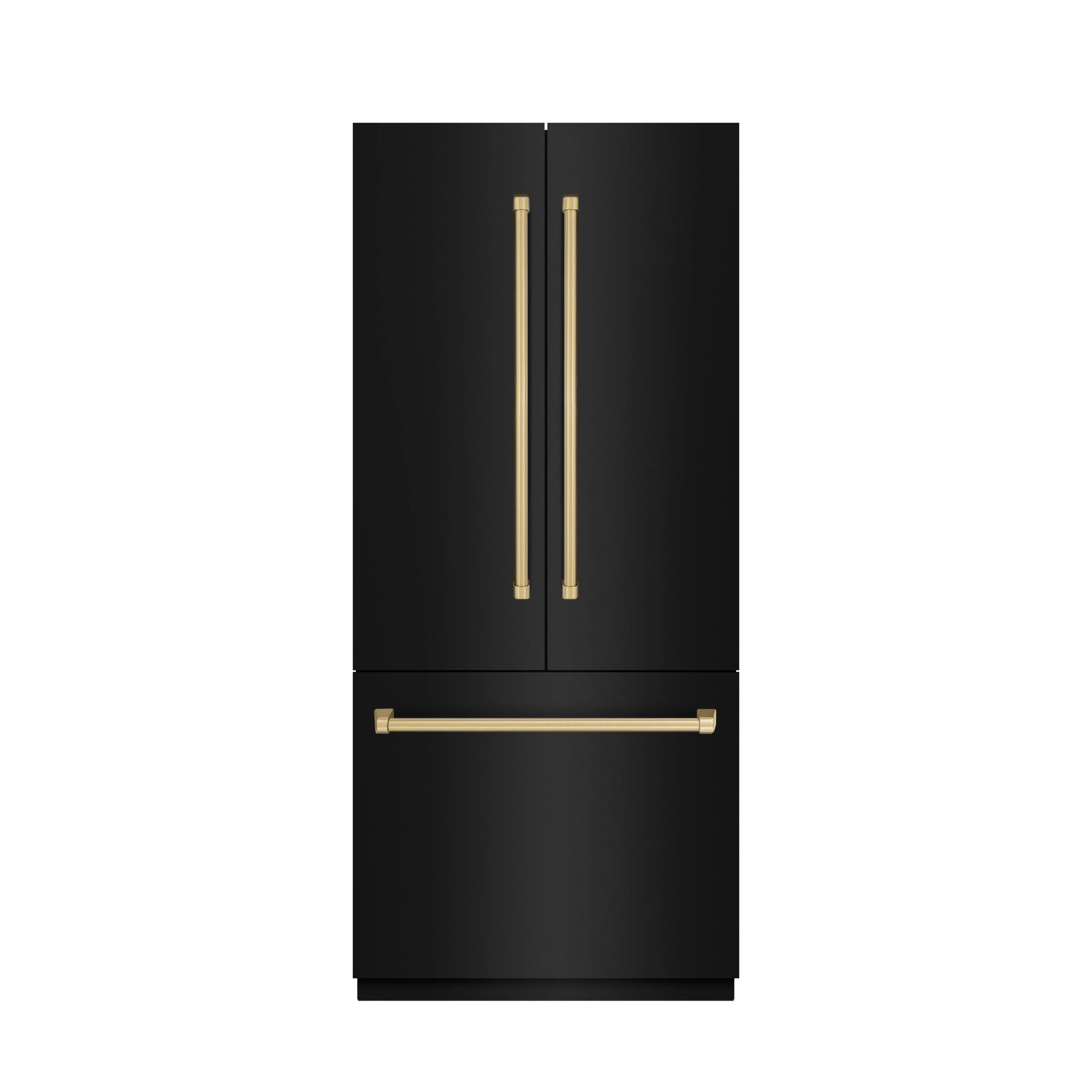 Black stainless French door refrigerator with champagne bronze handles and freezer drawer.