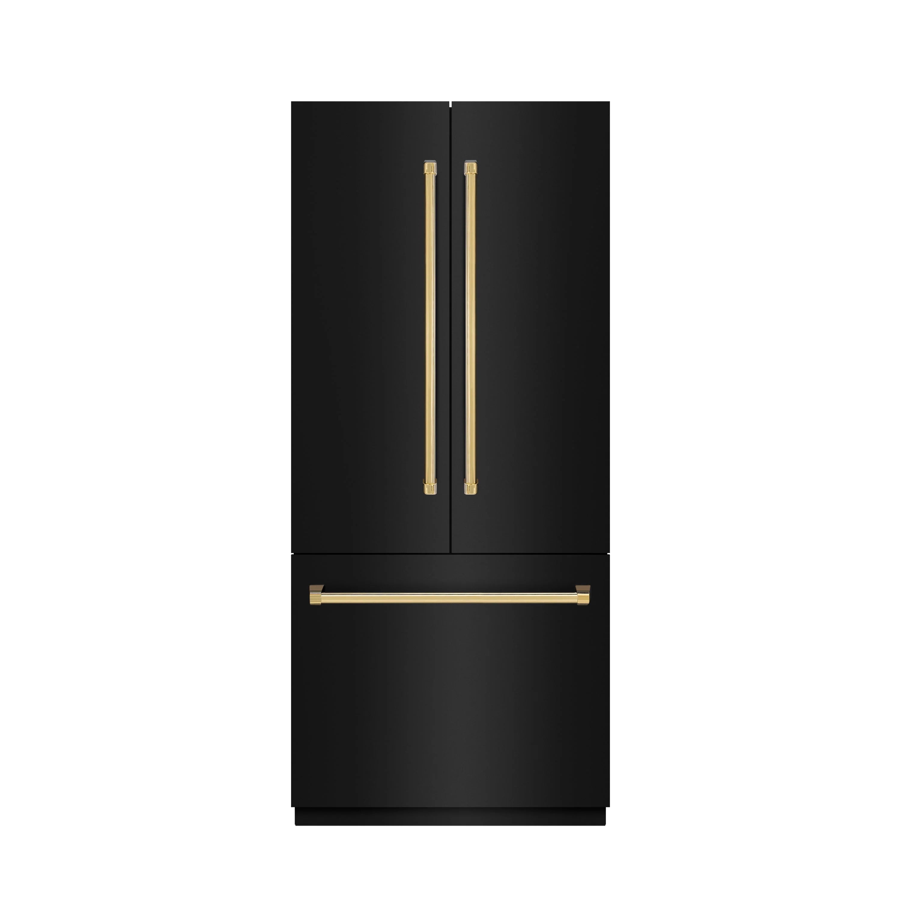 Polished gold refrigerator handle set on black stainless steel door front