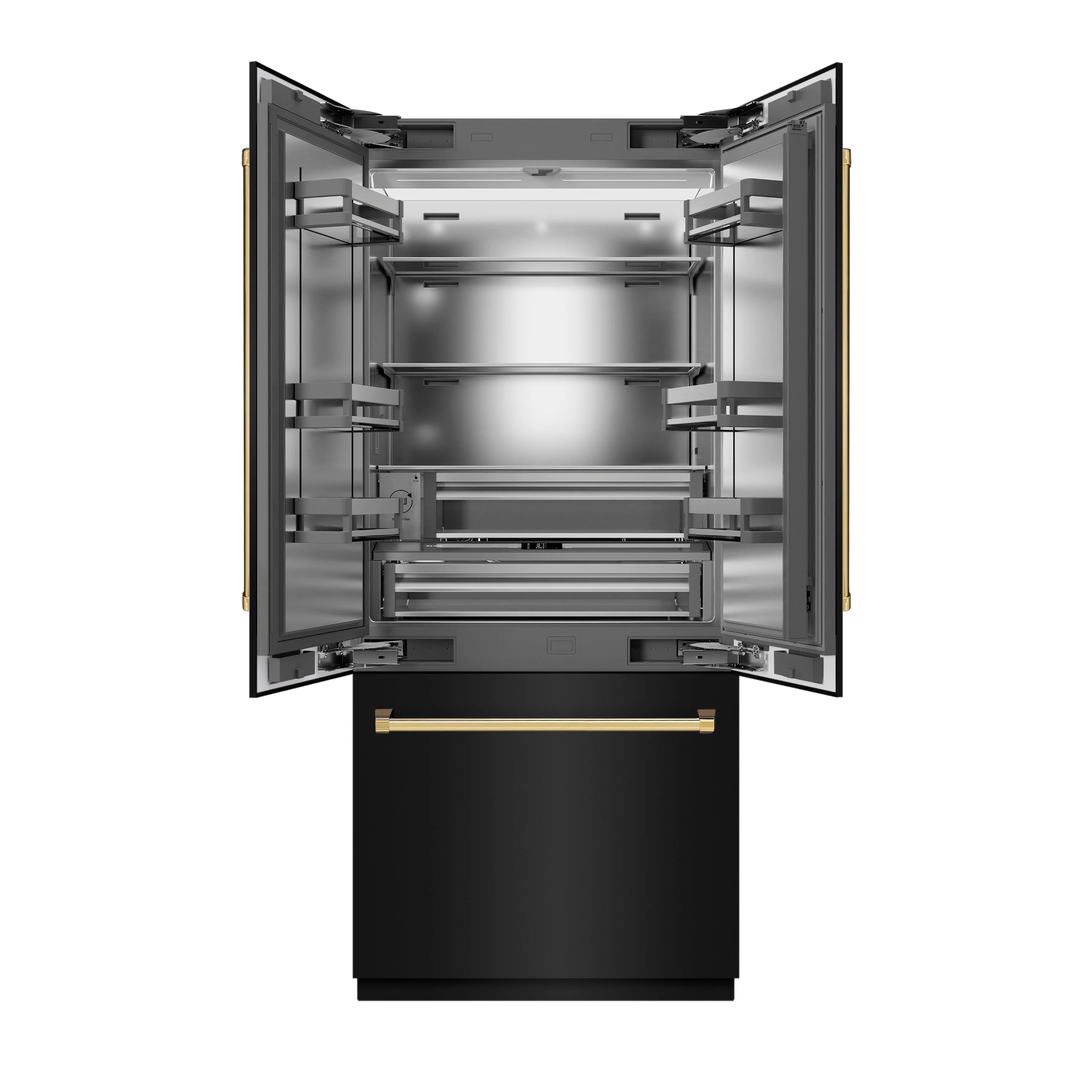 Black stainless steel refrigerator interior with open doors, shelves, and drawer layout