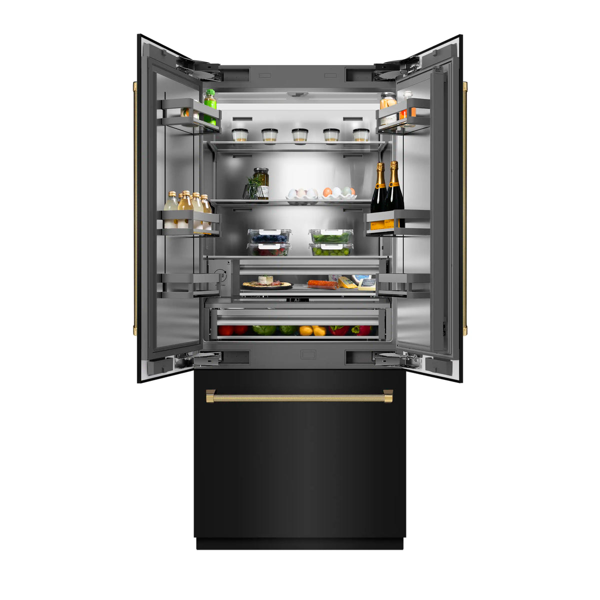 Open black French door refrigerator with stainless interior shelves, bins, and drawers