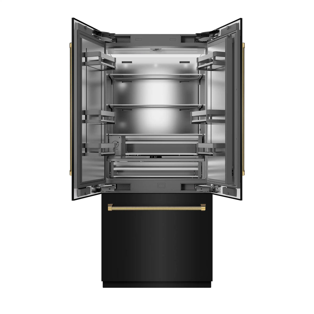 Open black French door refrigerator showing stainless interior shelves and drawers