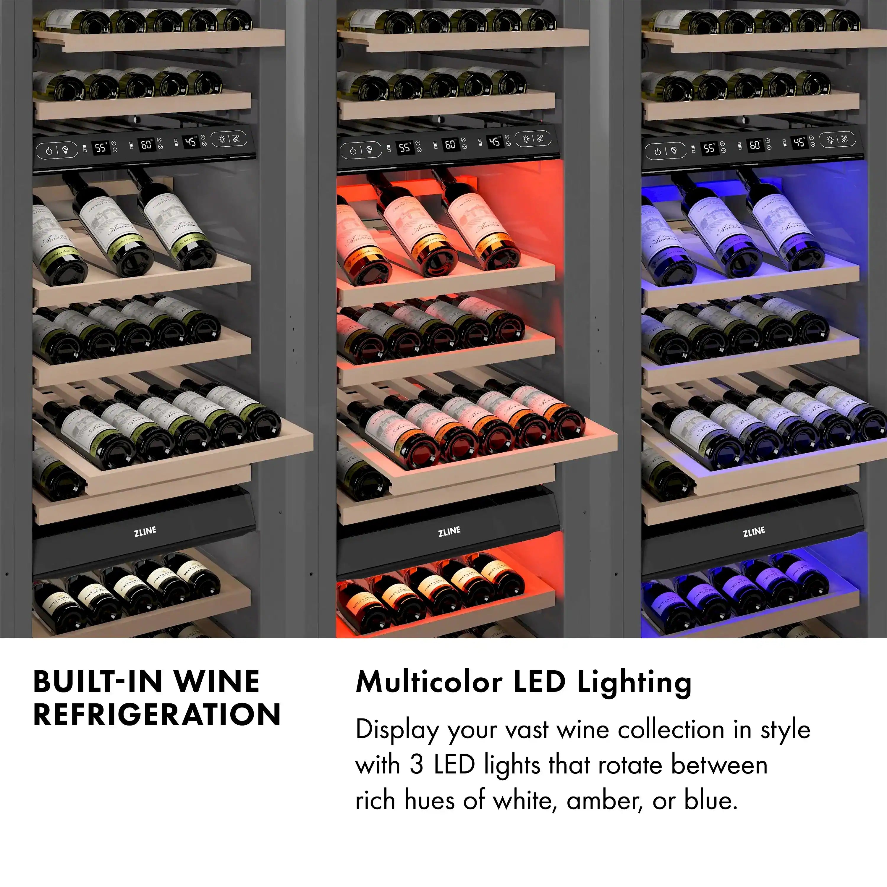 Triple-zone wine cooler interior with bottle racks and multicolor LED lighting