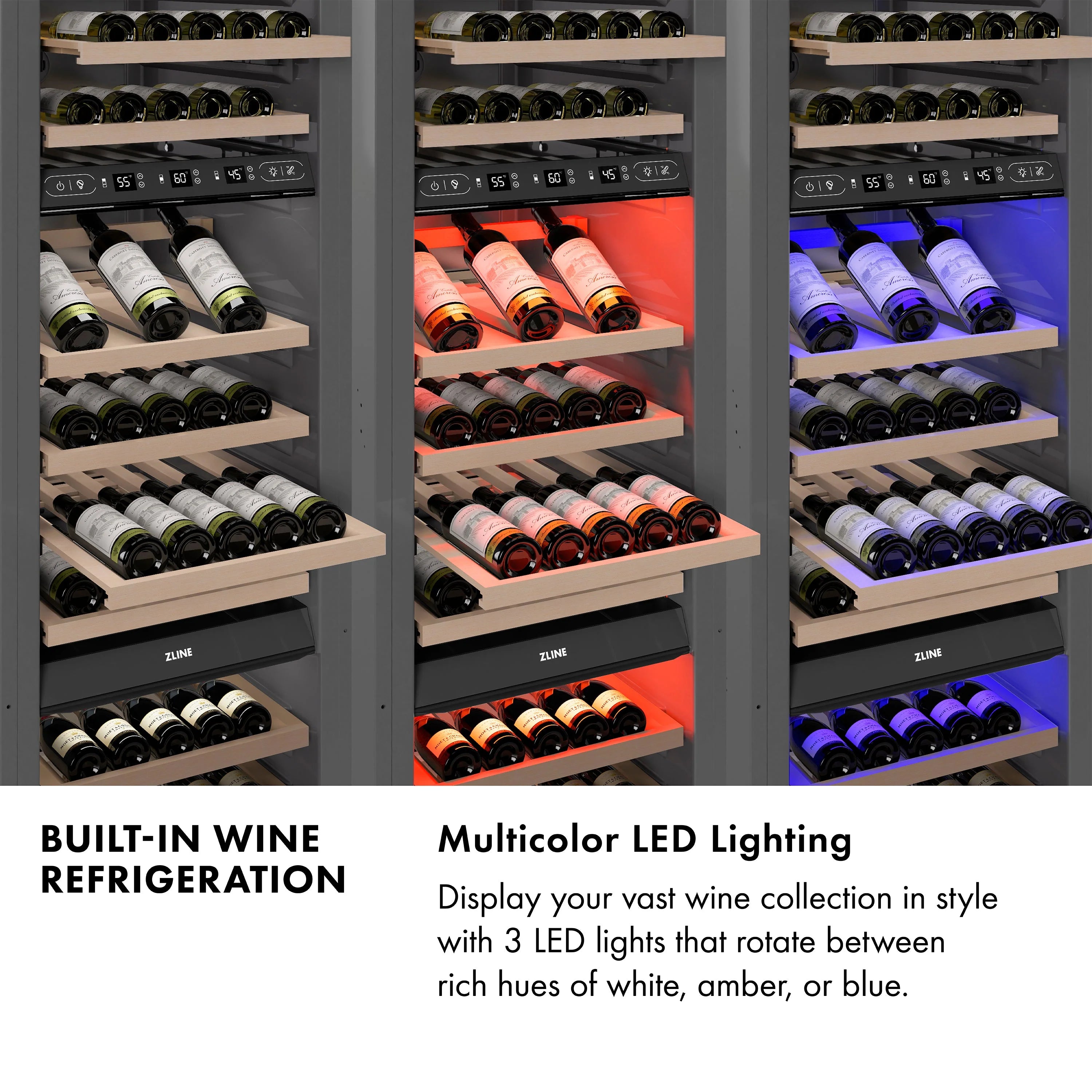 Wine cooler interior with rotating multicolor LED lighting and bottle storage shelves.