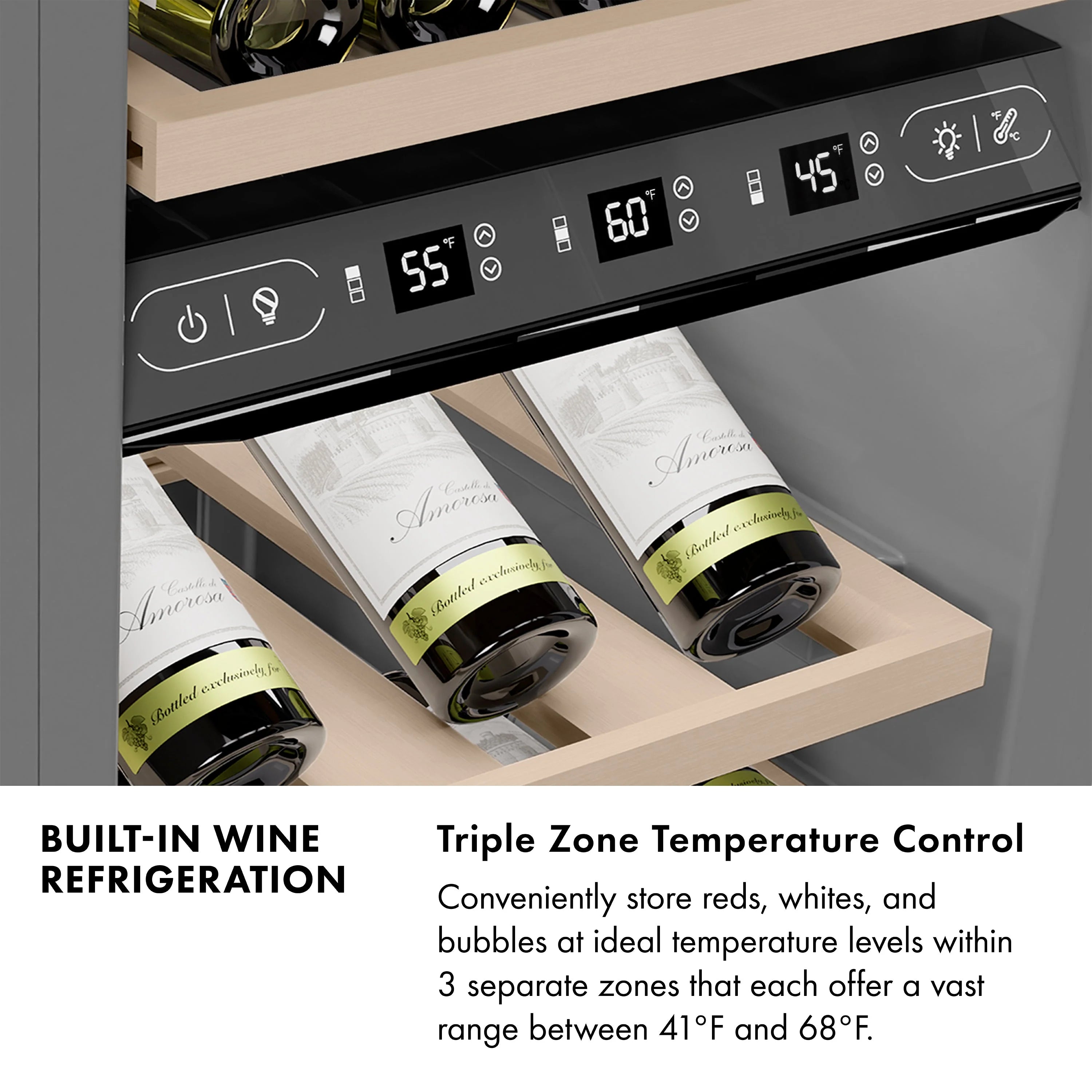 White matte wine cooler control panel with LED display and bottle storage on open shelves
