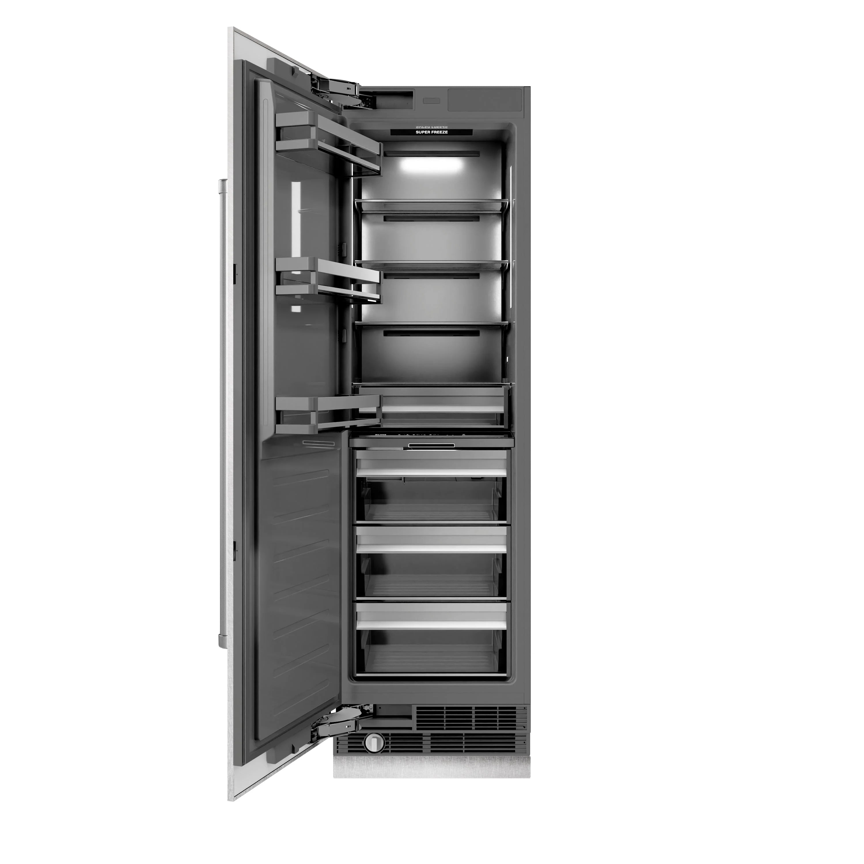 Column freezer open view with gray interior storage bins and side rails