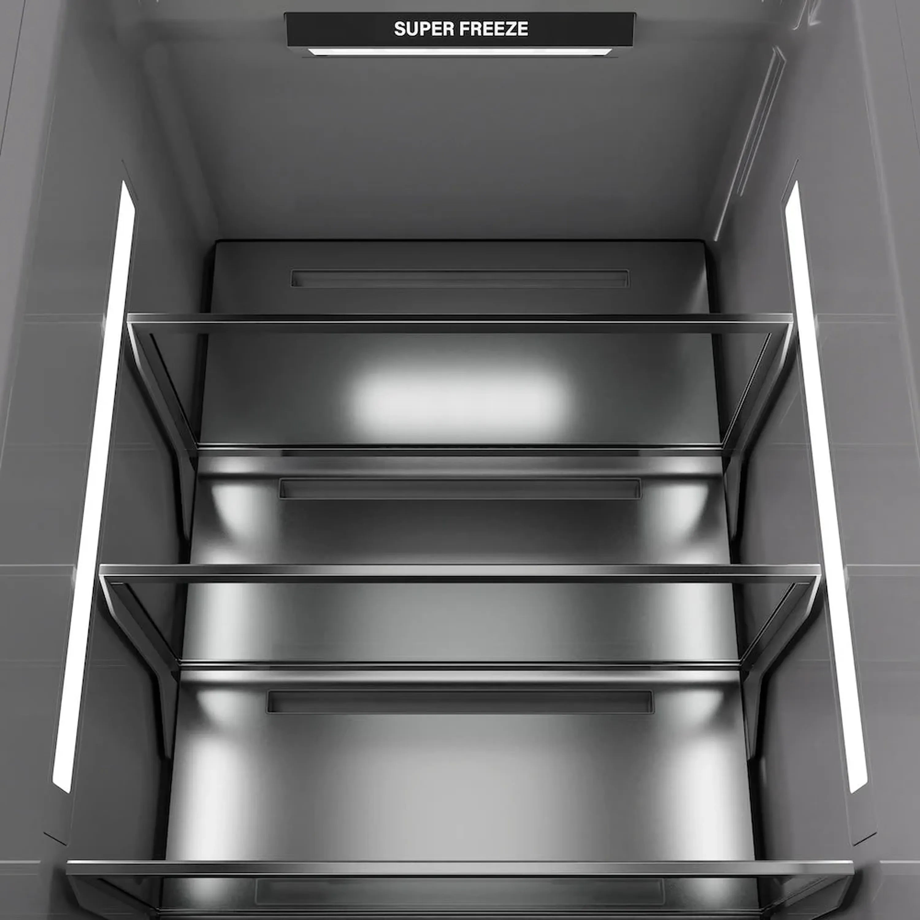 Top view of freezer compartment with two shelves and SUPER FREEZE light