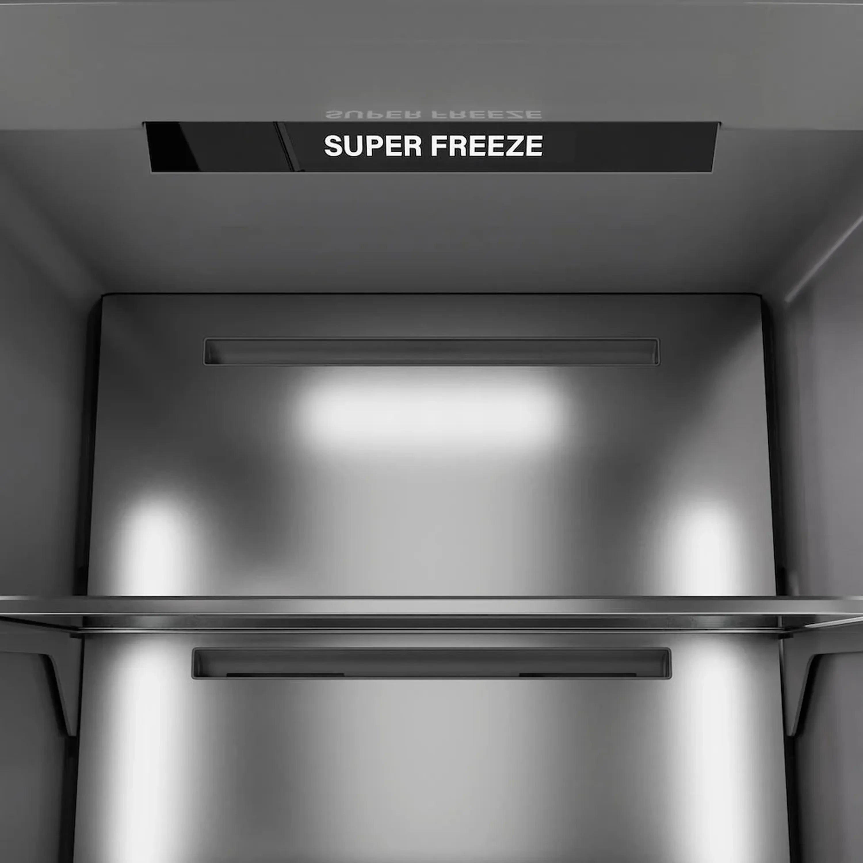 Freezer interior with SUPER FREEZE display above the main shelf