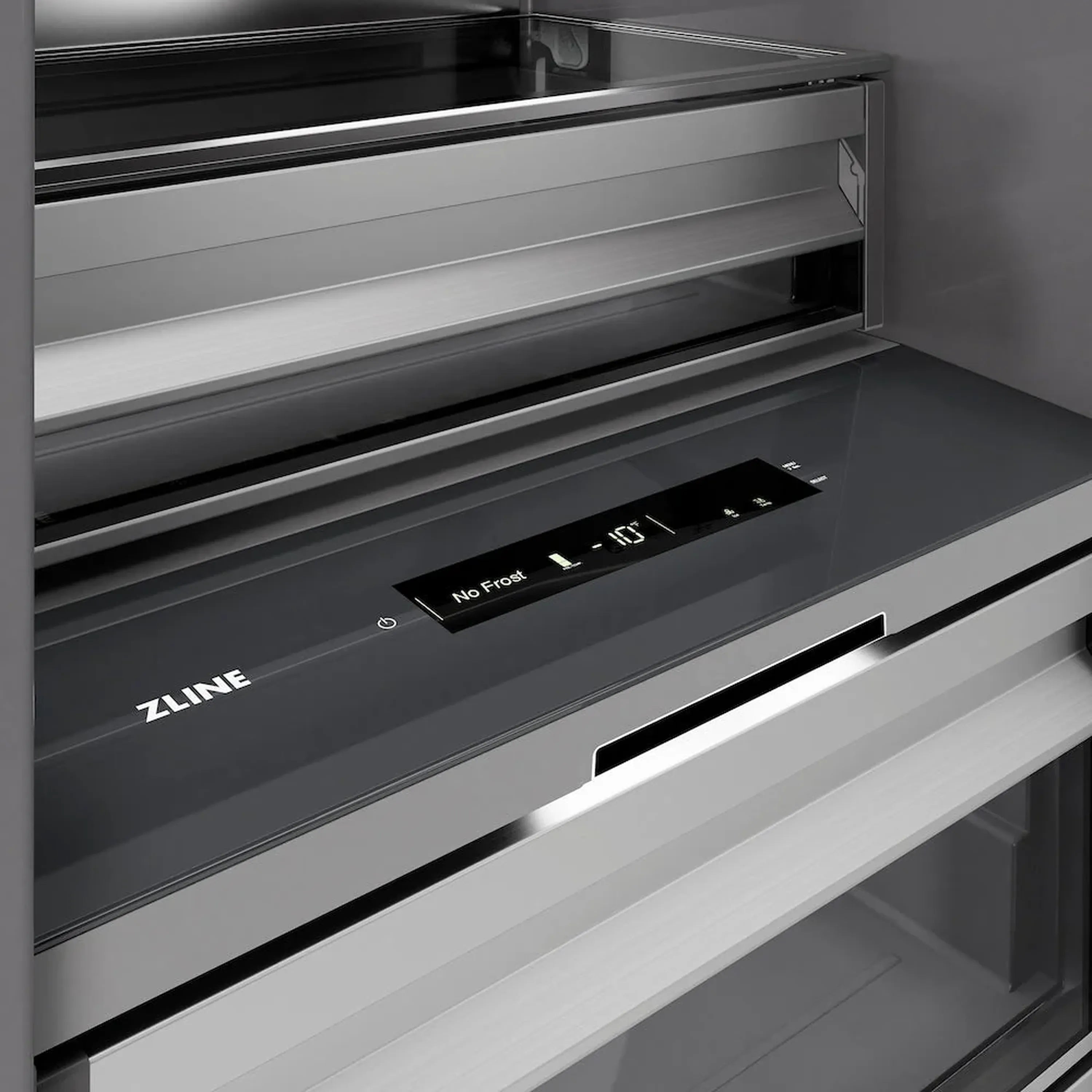 Freezer control panel with ZLINE logo and No Frost indicators on front