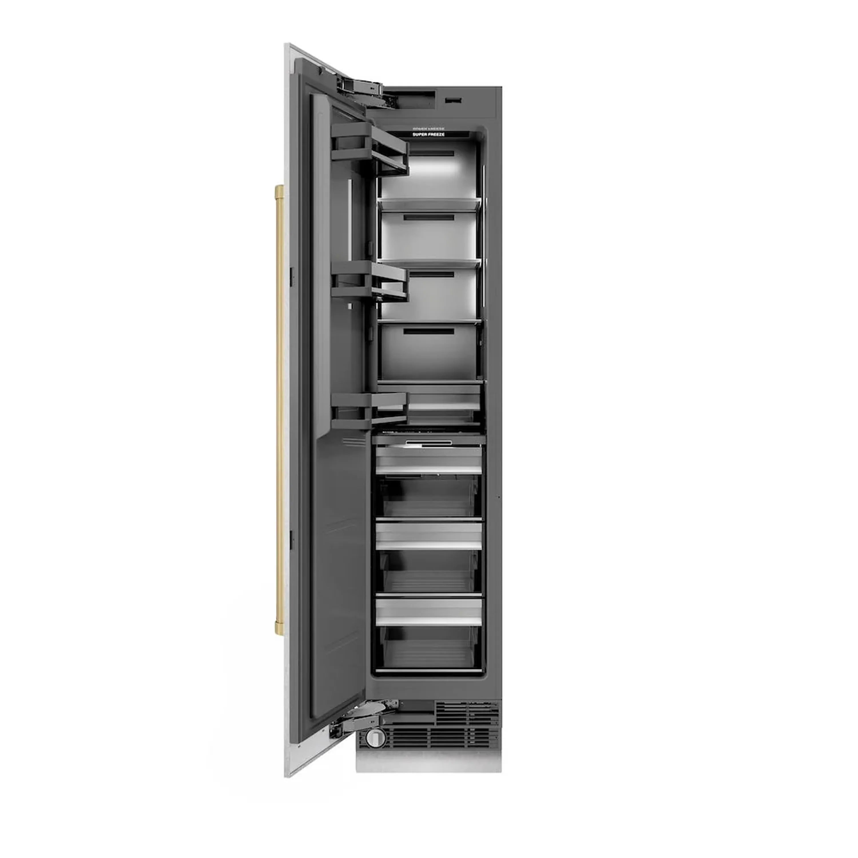 Left-hinge column freezer with door open, graphite gray interior shelves