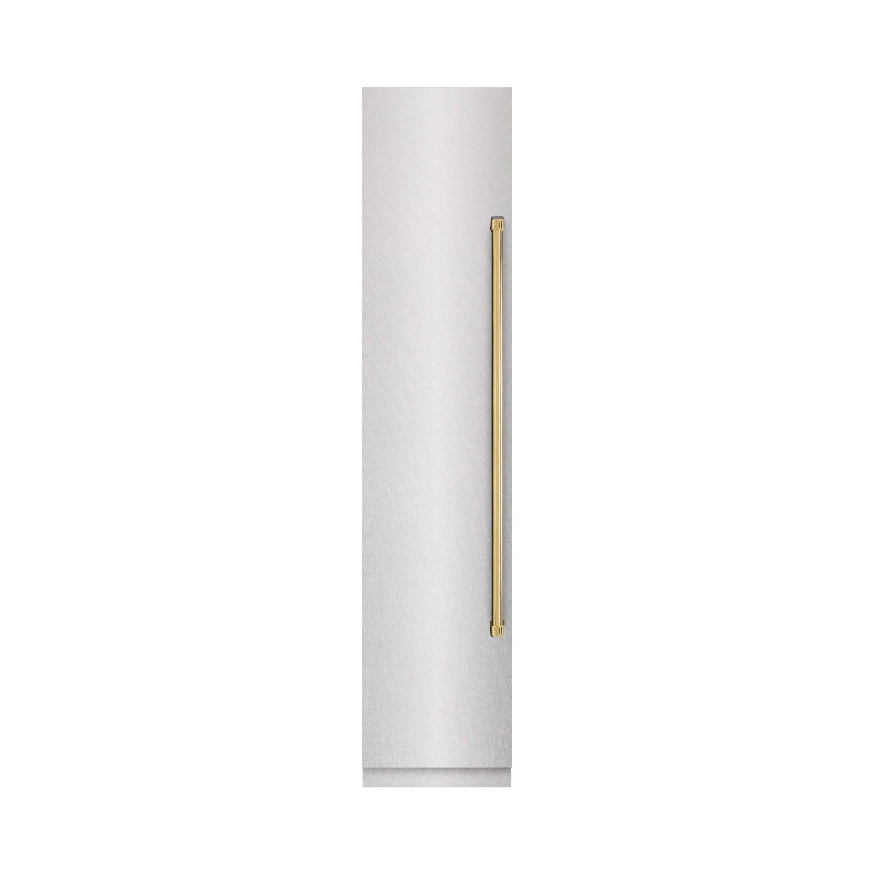 Satin stainless steel column freezer side hinge with polished gold accent