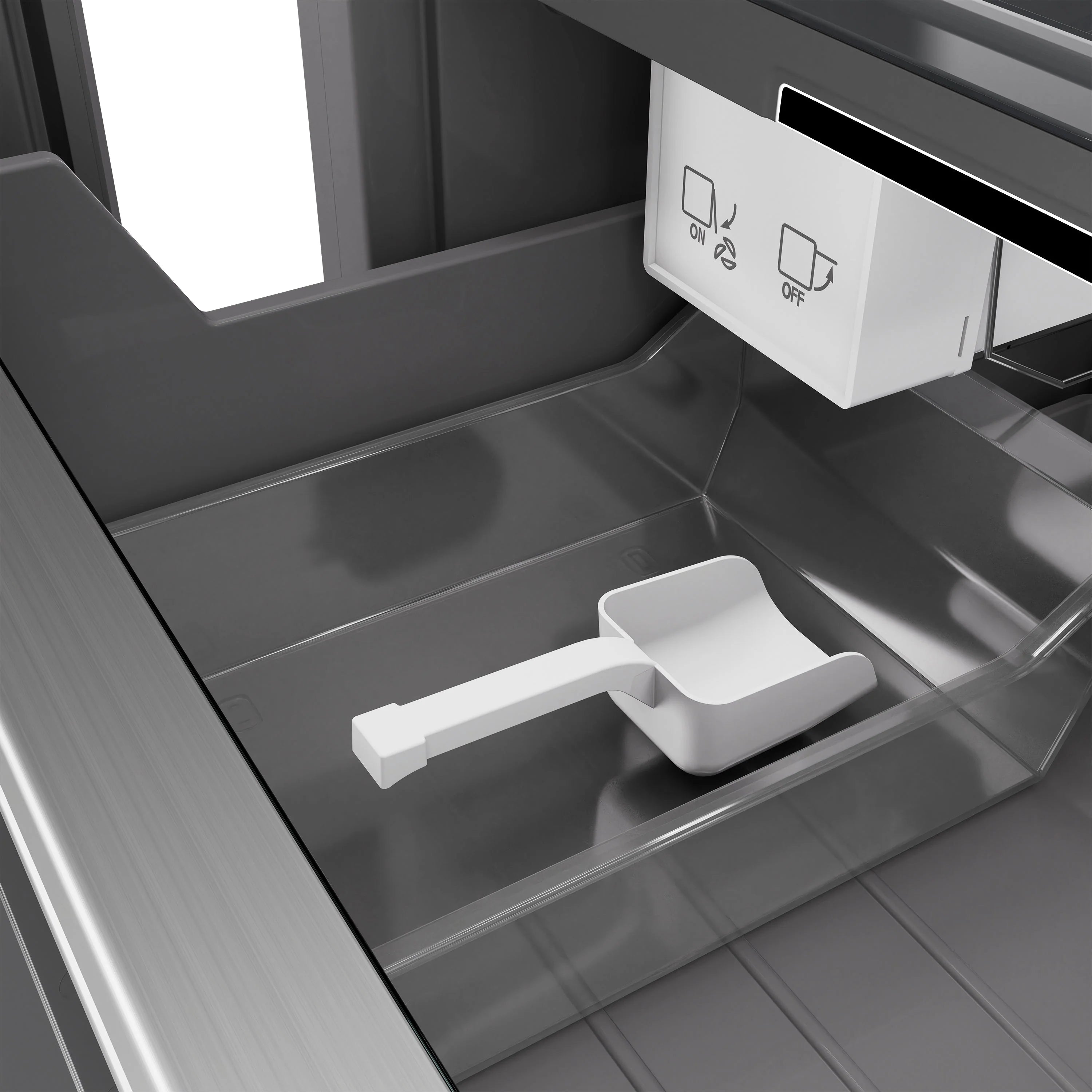 Column freezer interior with pull-out drawer, ice maker paddle, and door control panel