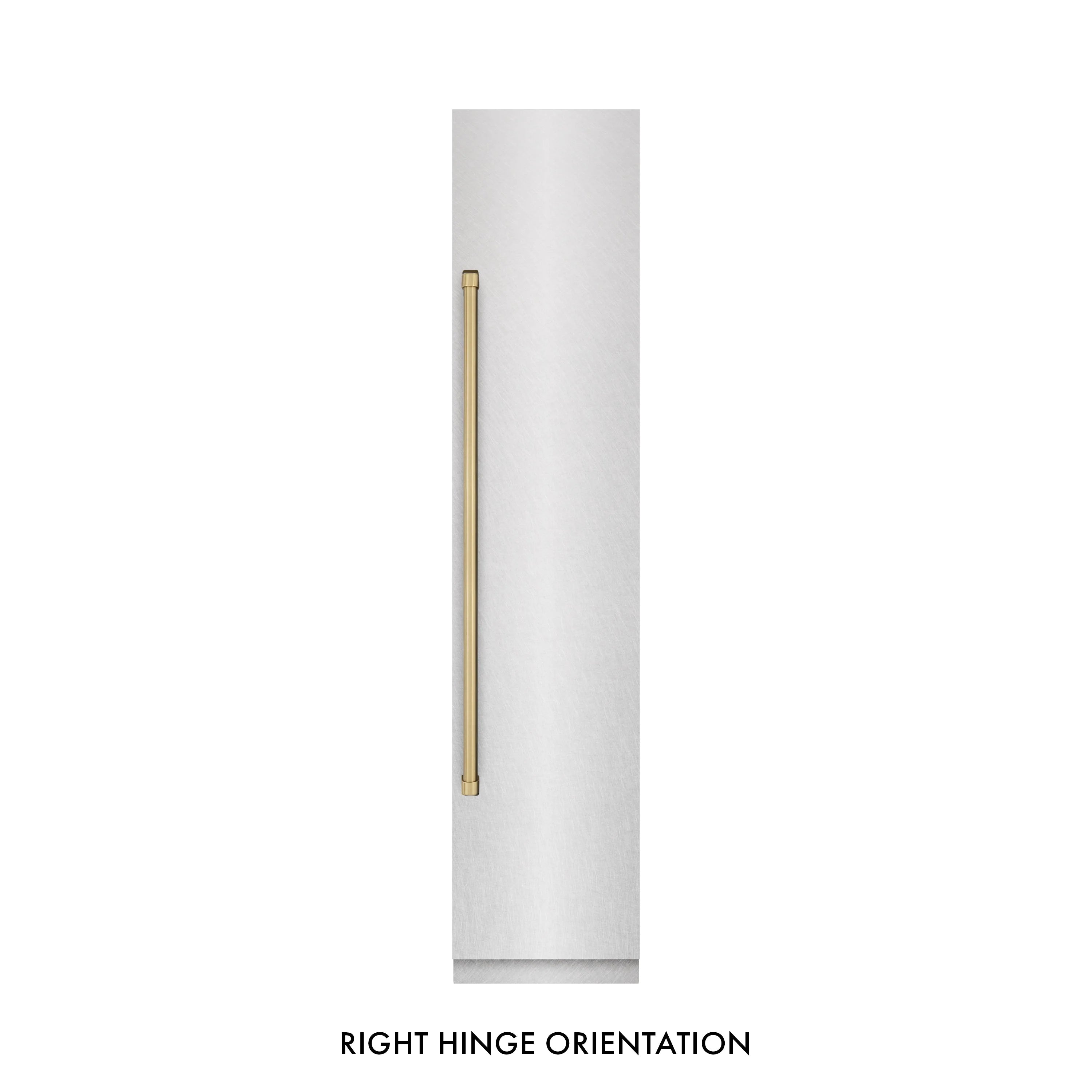 Right hinge orientation with champagne bronze handle accent on satin stainless door