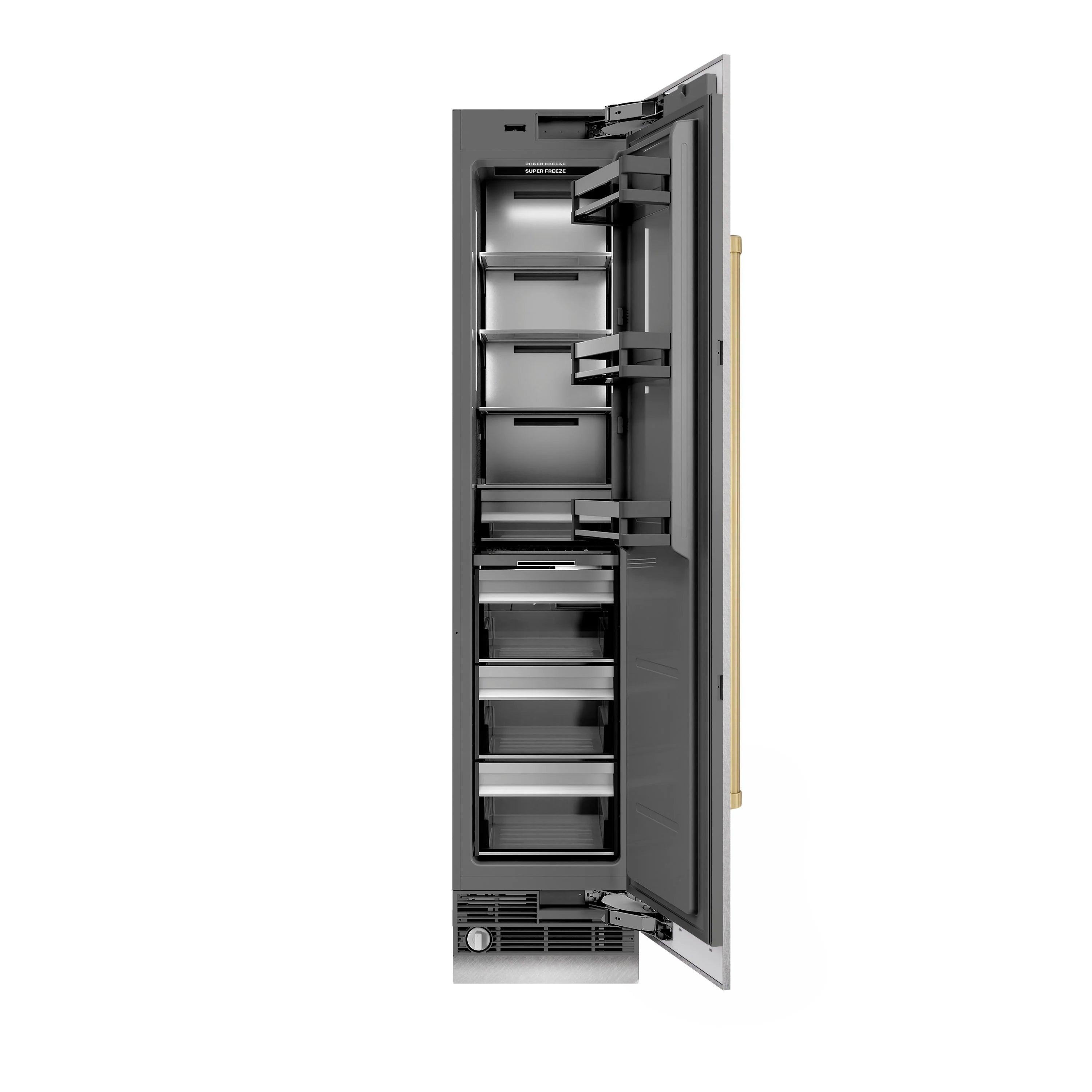Right-hinged column freezer open showing interior bins and drawer-style shelves
