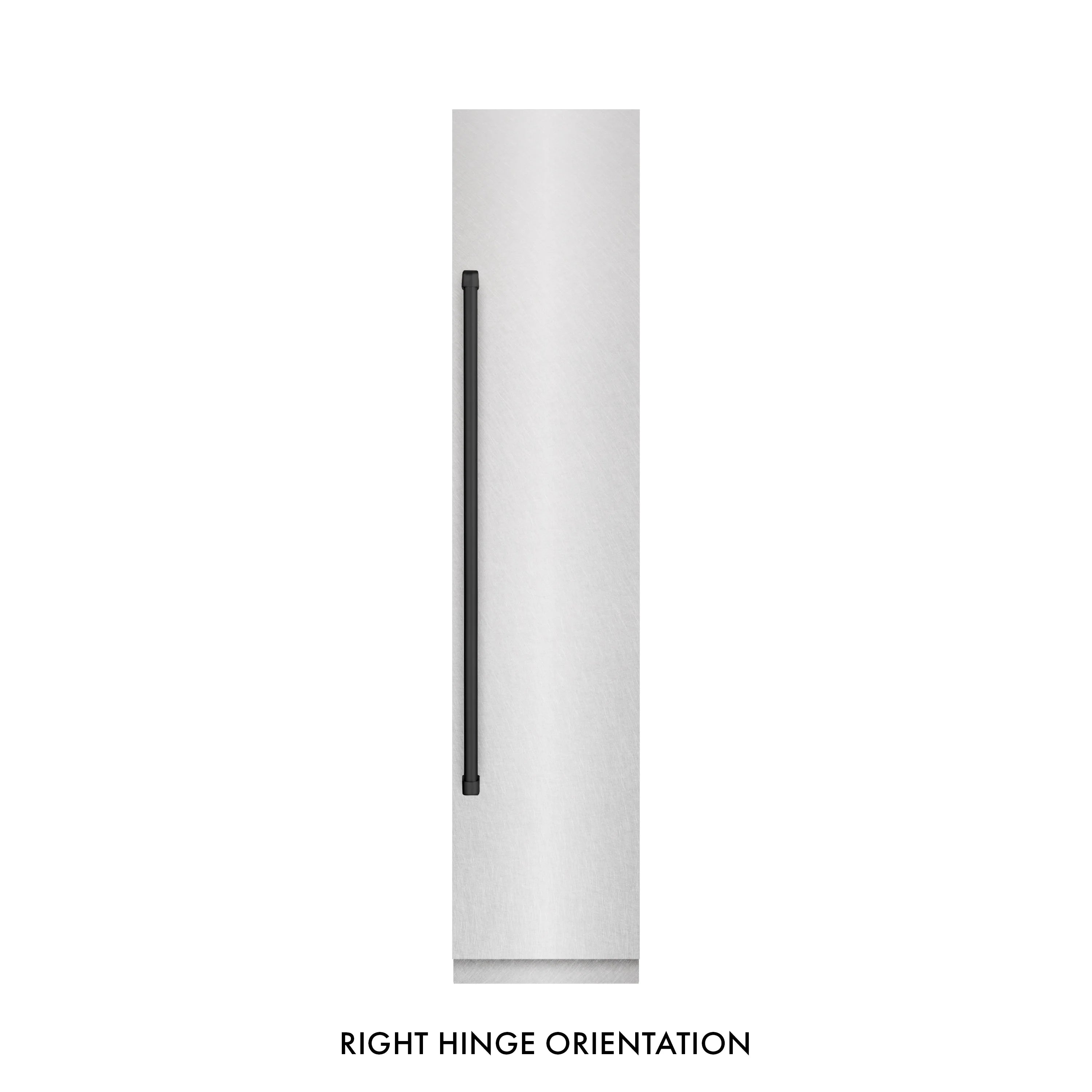 Column freezer right hinge bar detail on satin stainless steel housing