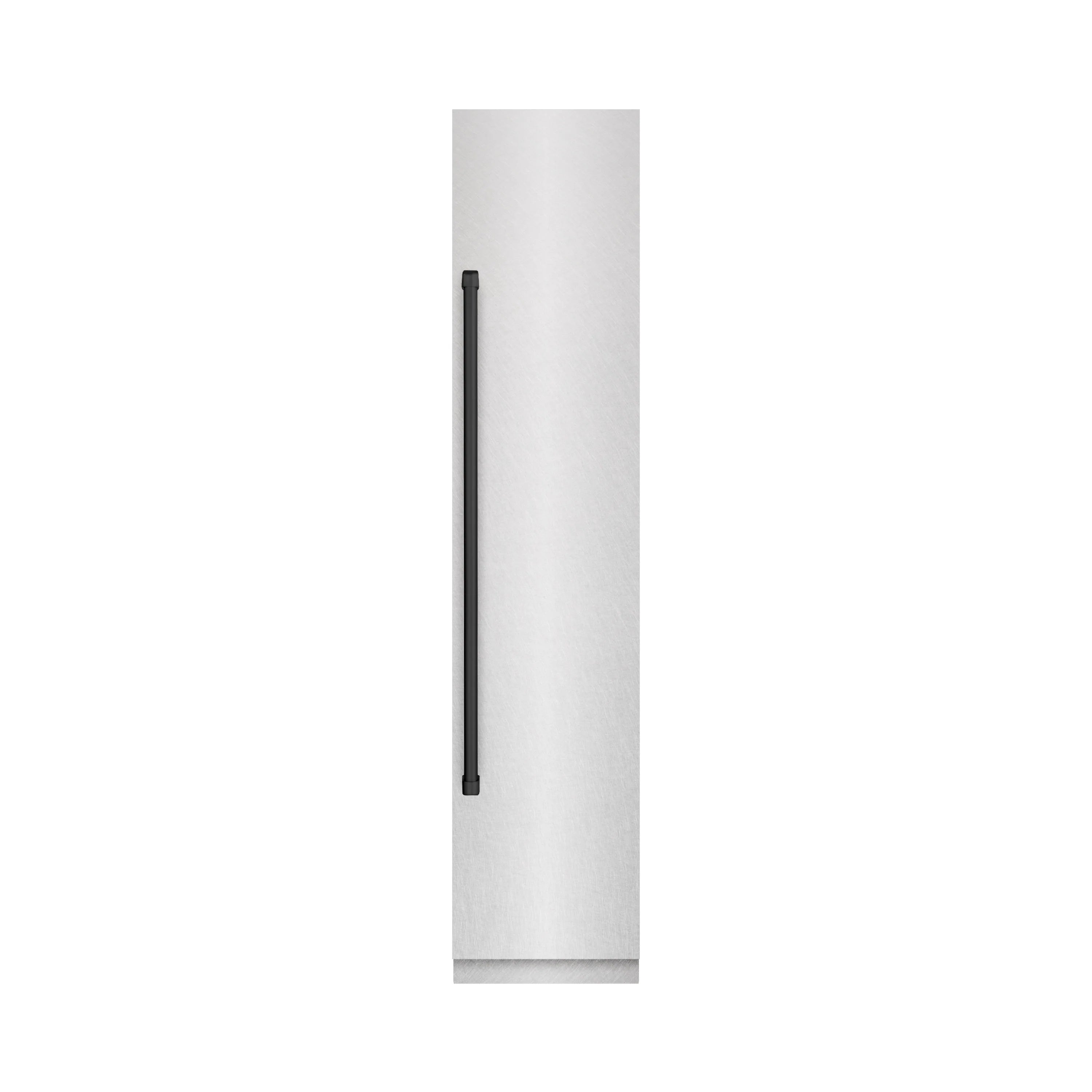 Column freezer side hinge bar detail on satin stainless steel housing