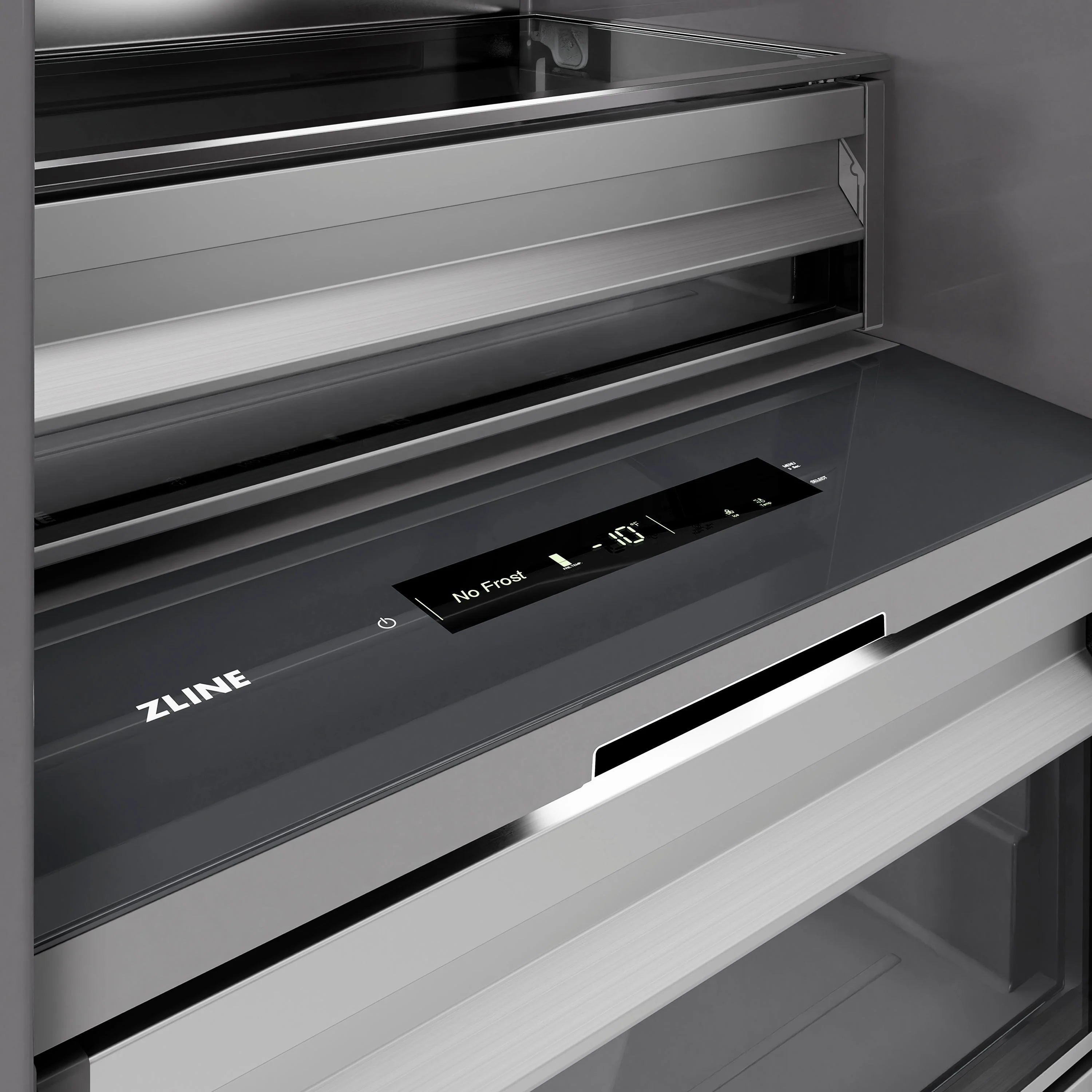 Column freezer front with ZLINE logo and black control panel with digital display