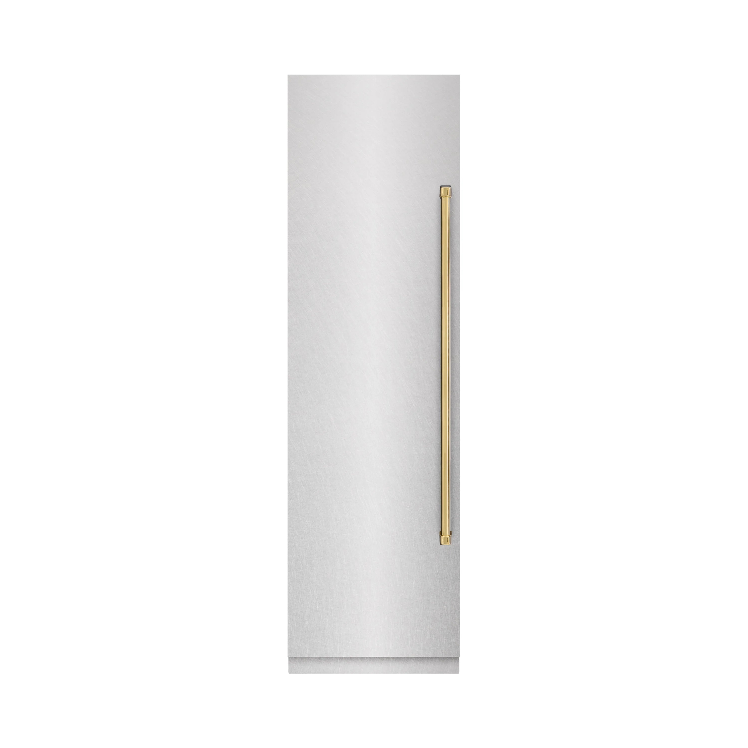 Stainless column freezer door side view with long gold accent handle