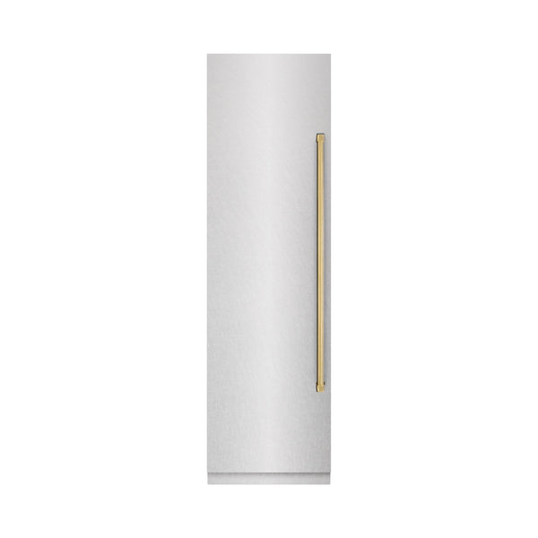 ZLINE Autograph Edition 24-Inch 12.4 Cu. Ft. Column Freezer in DuraSnow Stainless Steel with Graphite Gray Interior and Polished Gold Accents (RCFVZ-SN-24-G)