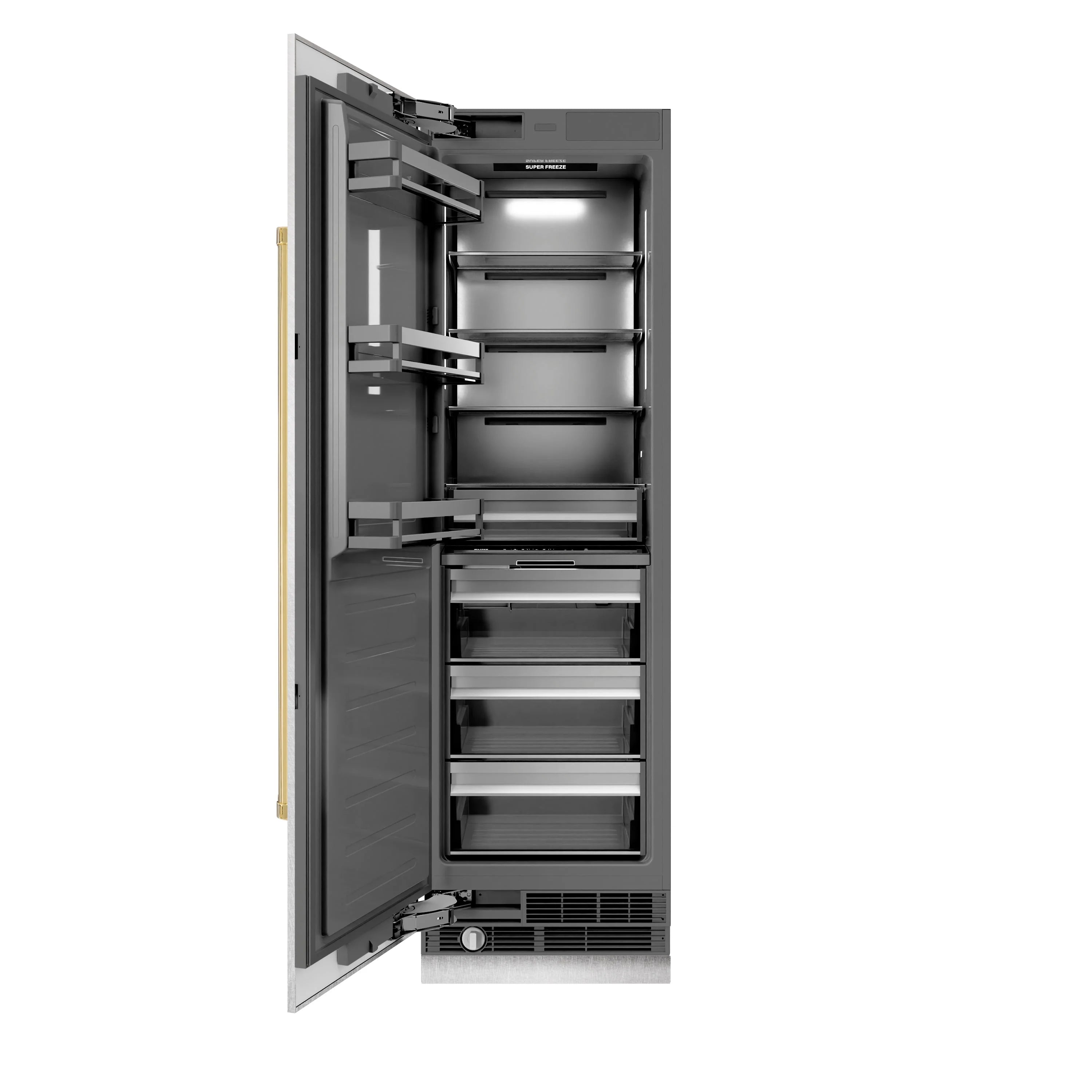 Open column freezer with multiple slide-out shelves, interior light, stainless body