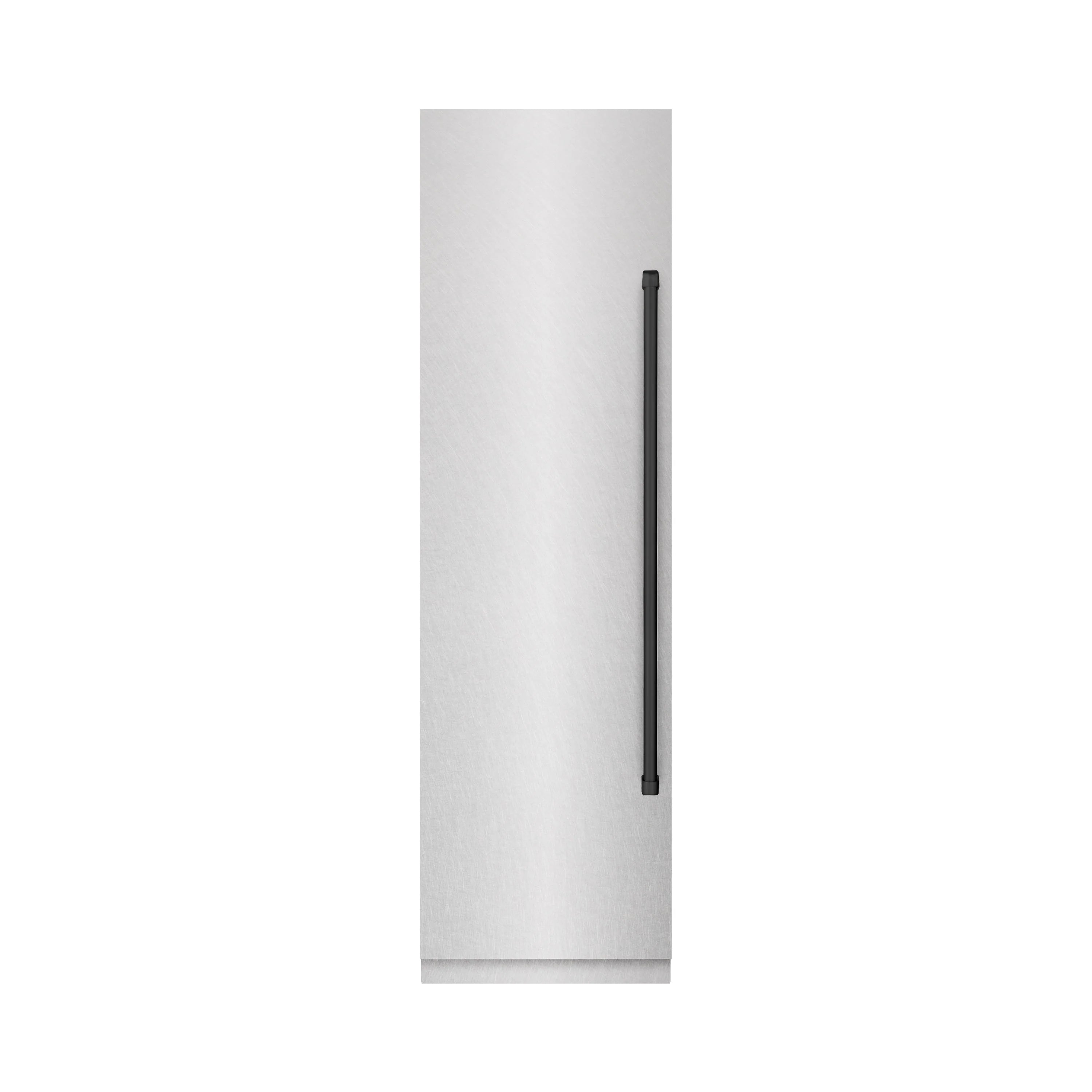 Column freezer with matte black side handle on stainless cabinet