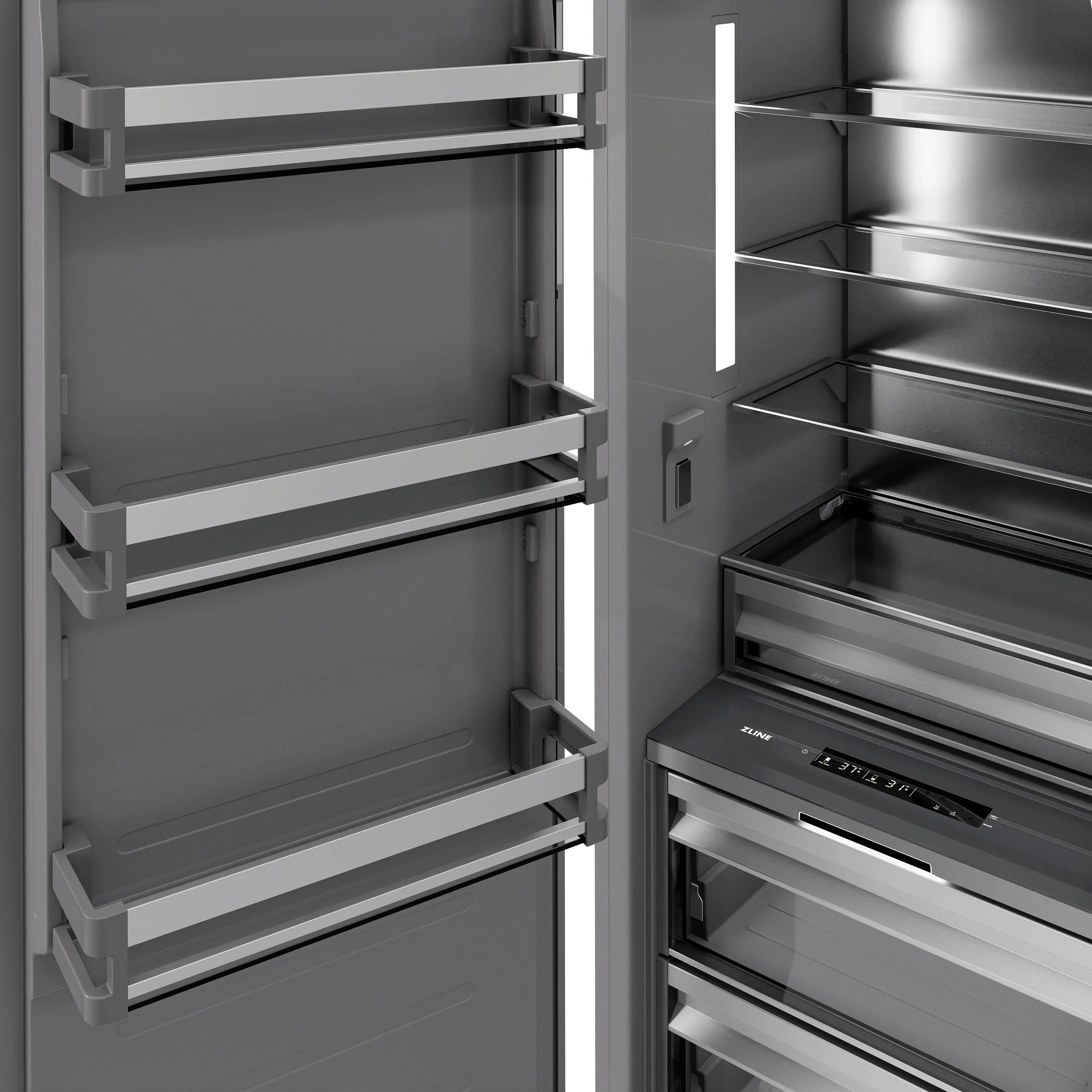 Satin stainless steel column refrigerator with slide-out shelves and gray interior