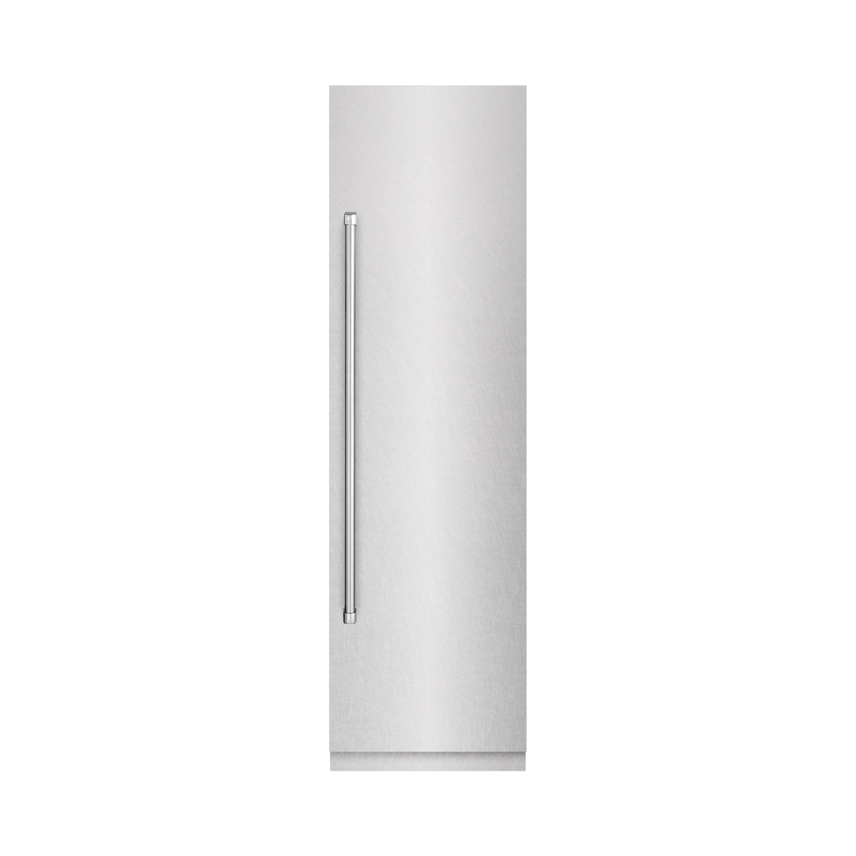 Satin stainless steel column refrigerator exterior with vertical handle