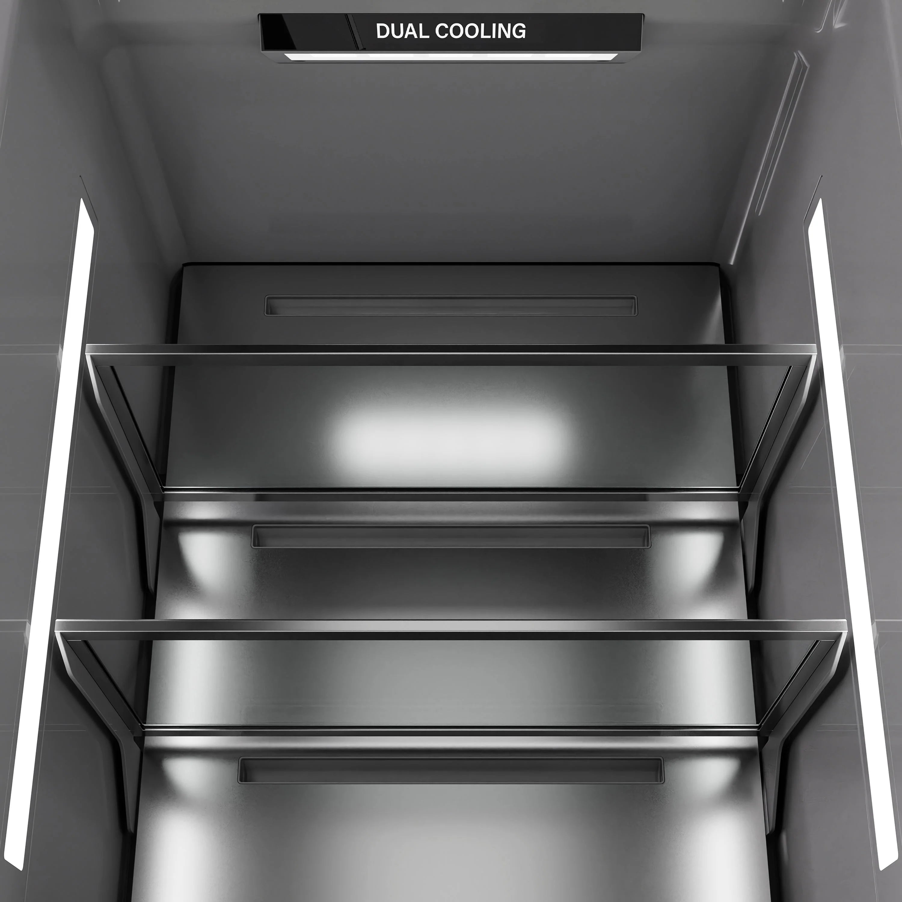 Refrigerator interior with two removable shelves and dual cooling vent at top.
