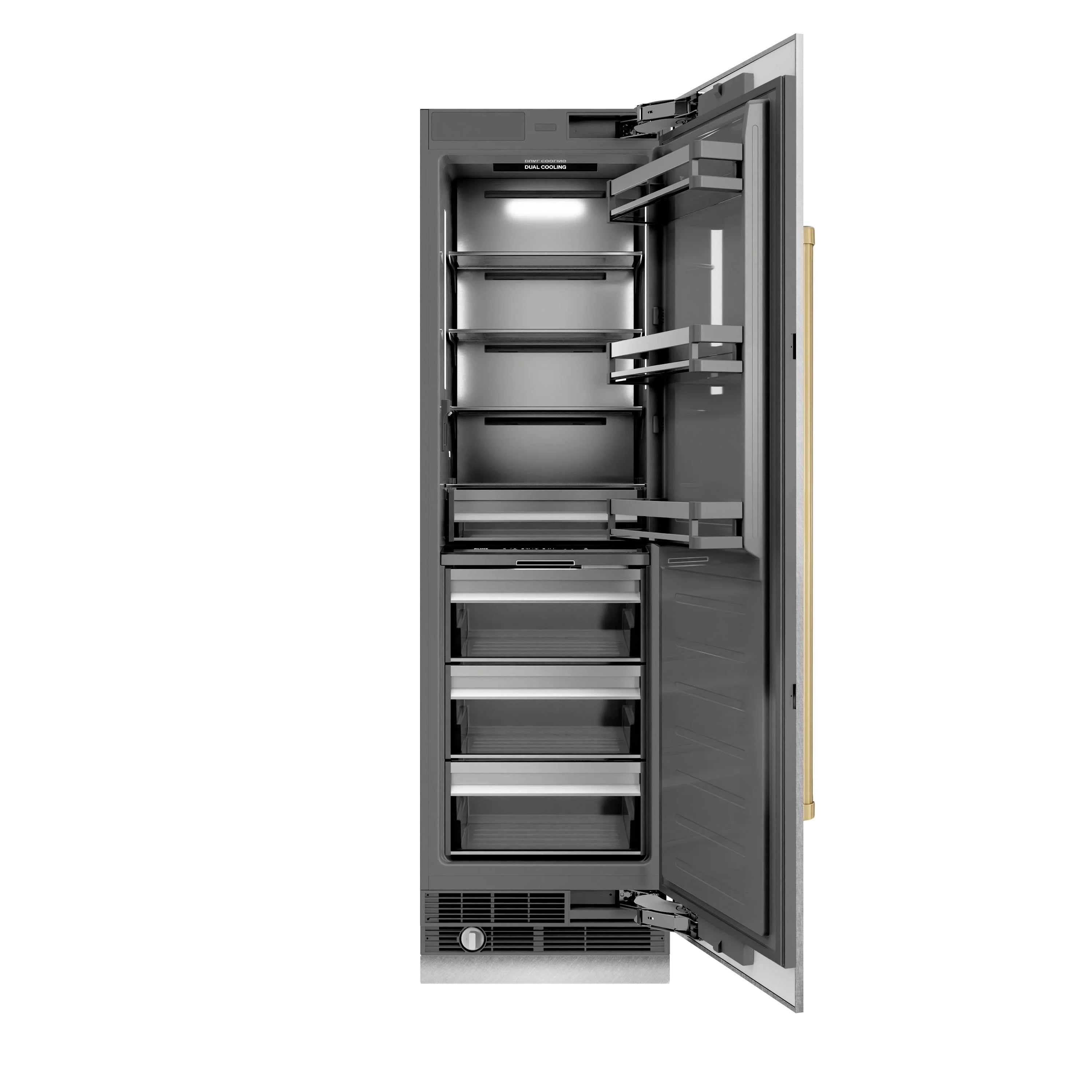 Open column refrigerator showing stacked shelves, drawers, and interior lighting.