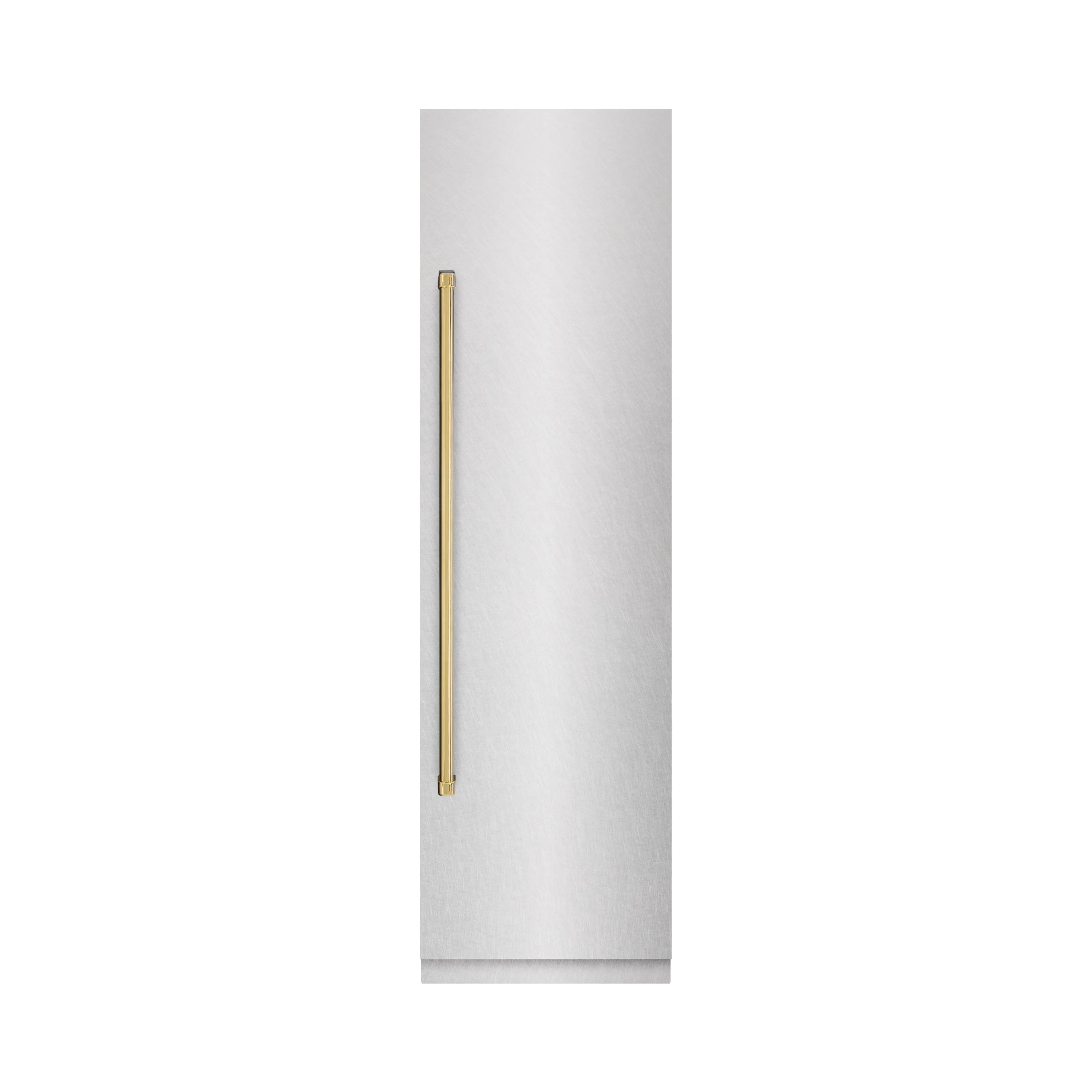 Polished gold accent handle on satin stainless steel column refrigerator door