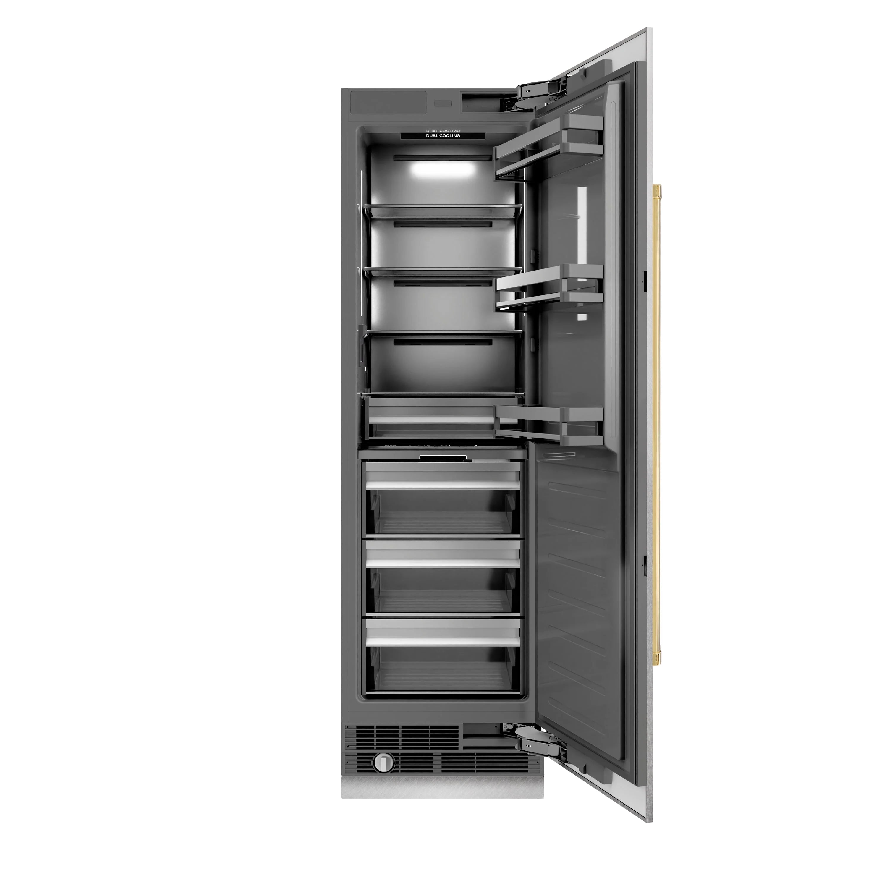 Open column refrigerator with interior shelves, drawers, and door hinge detail