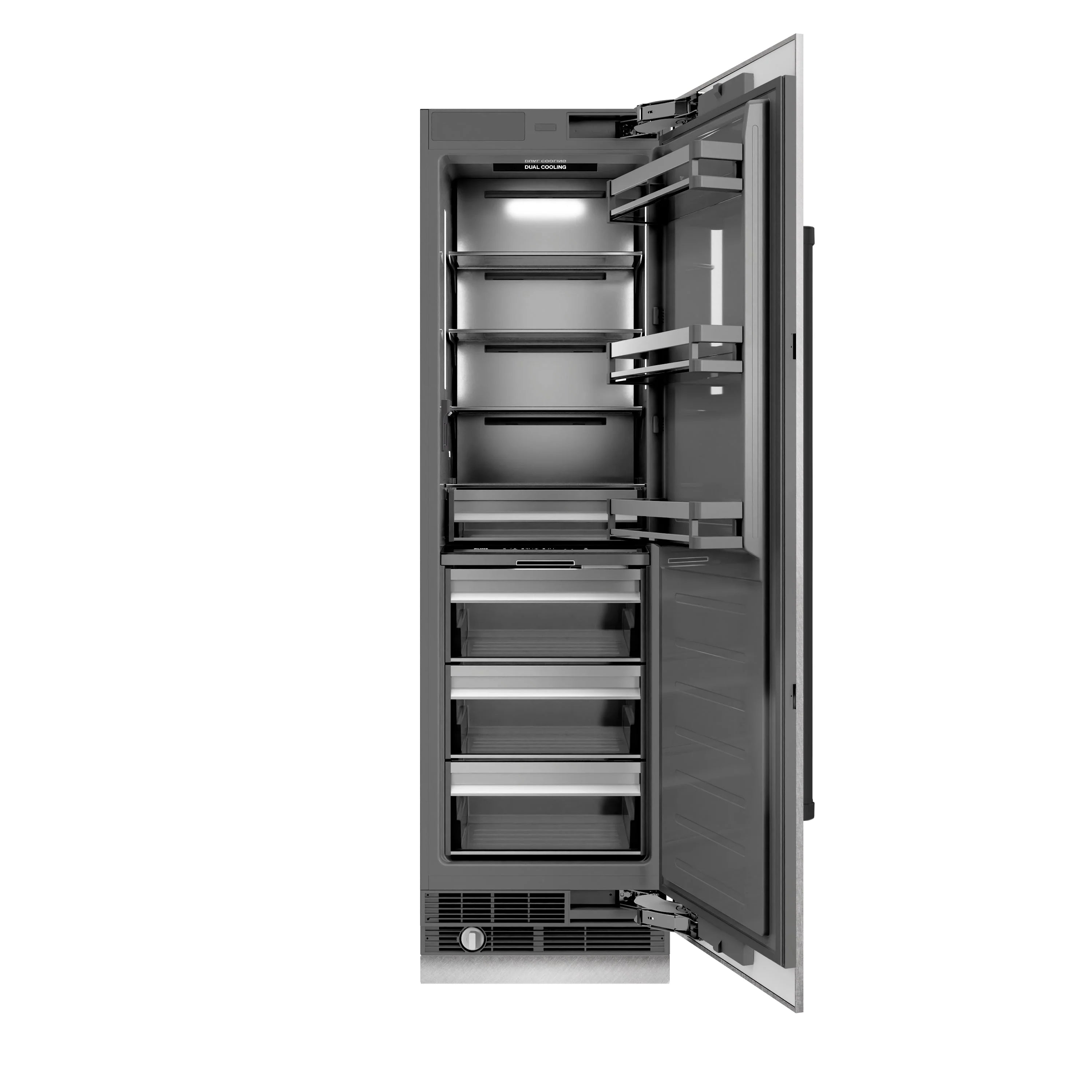 Open column refrigerator with adjustable glass shelves and bright interior lighting