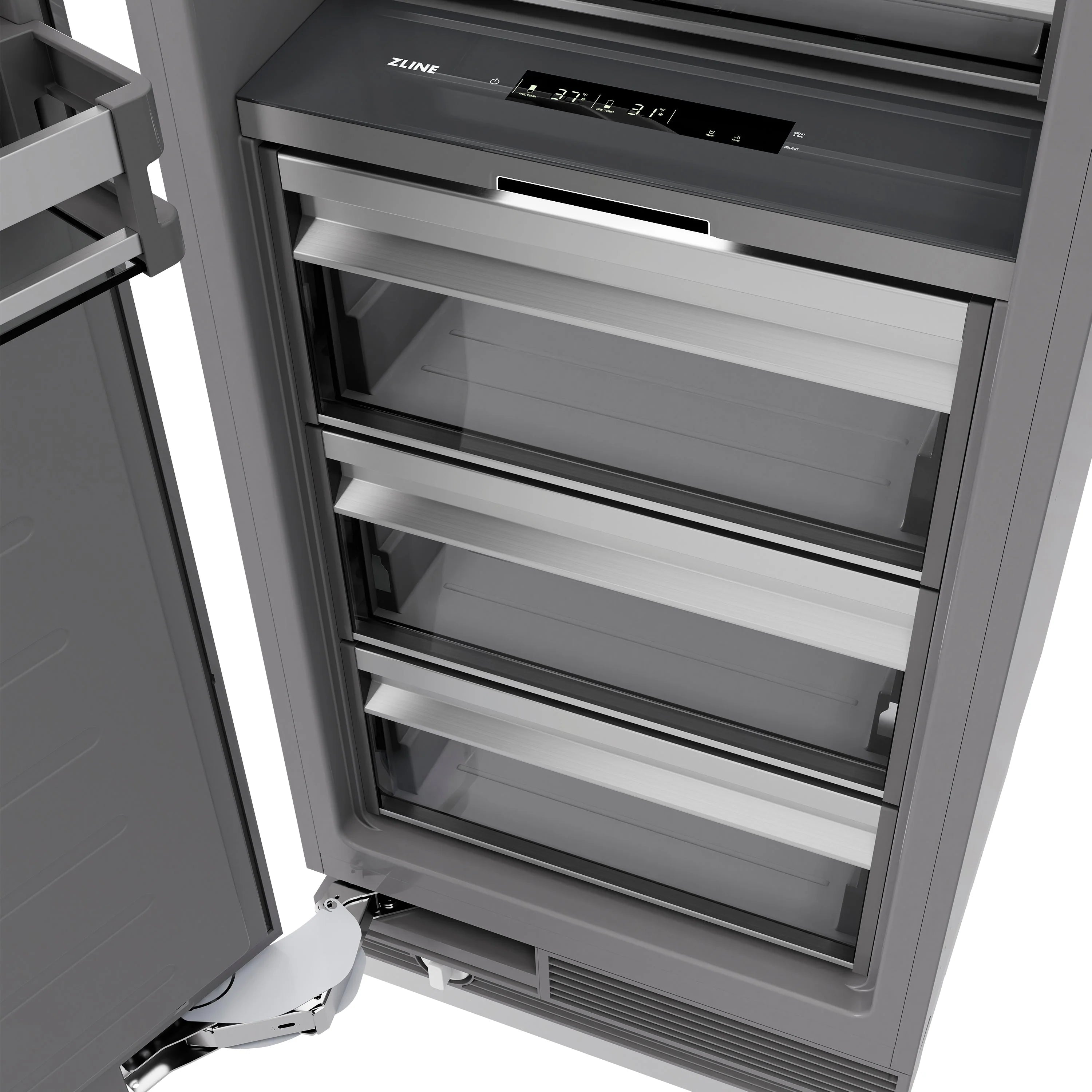 Column refrigerator with open door, visible shelves and front control display panel
