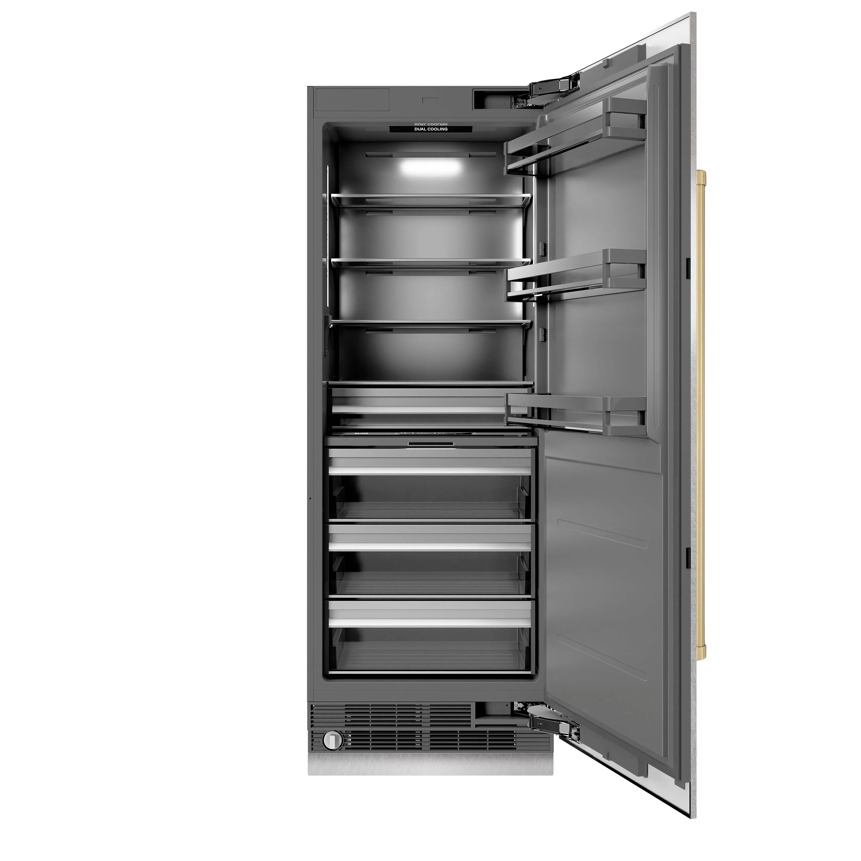 Open column refrigerator with interior shelves and champagne bronze door handle