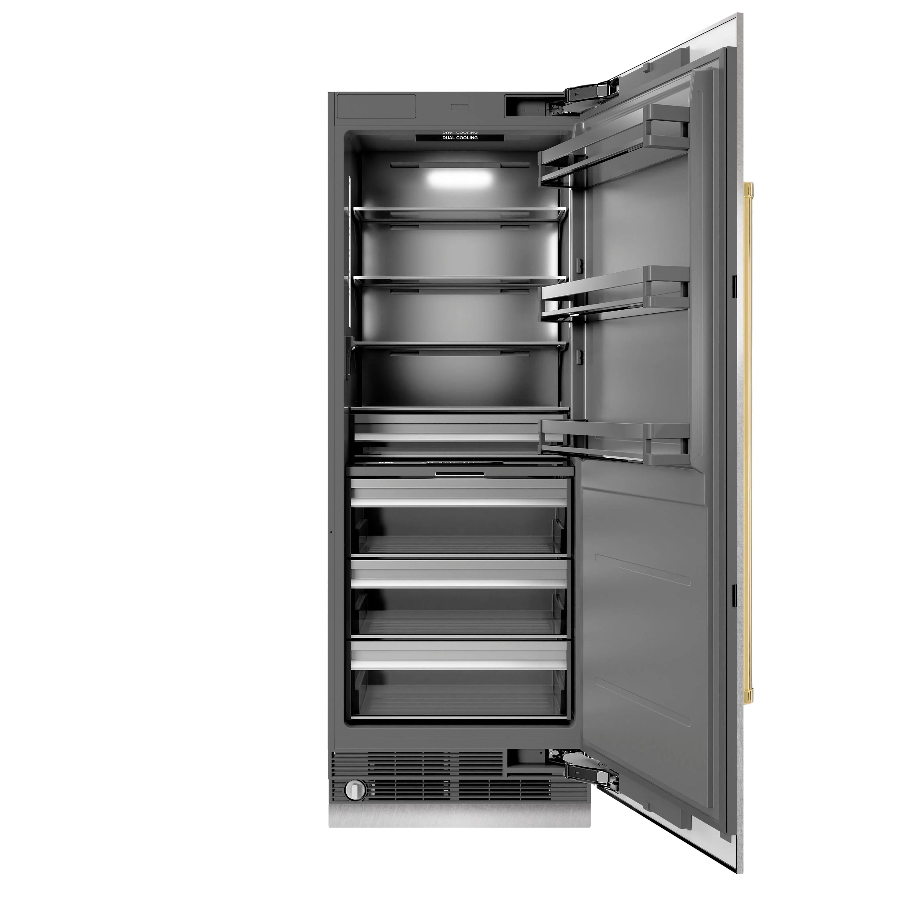 Open column refrigerator with multiple shelves, drawers, and side interior door panel