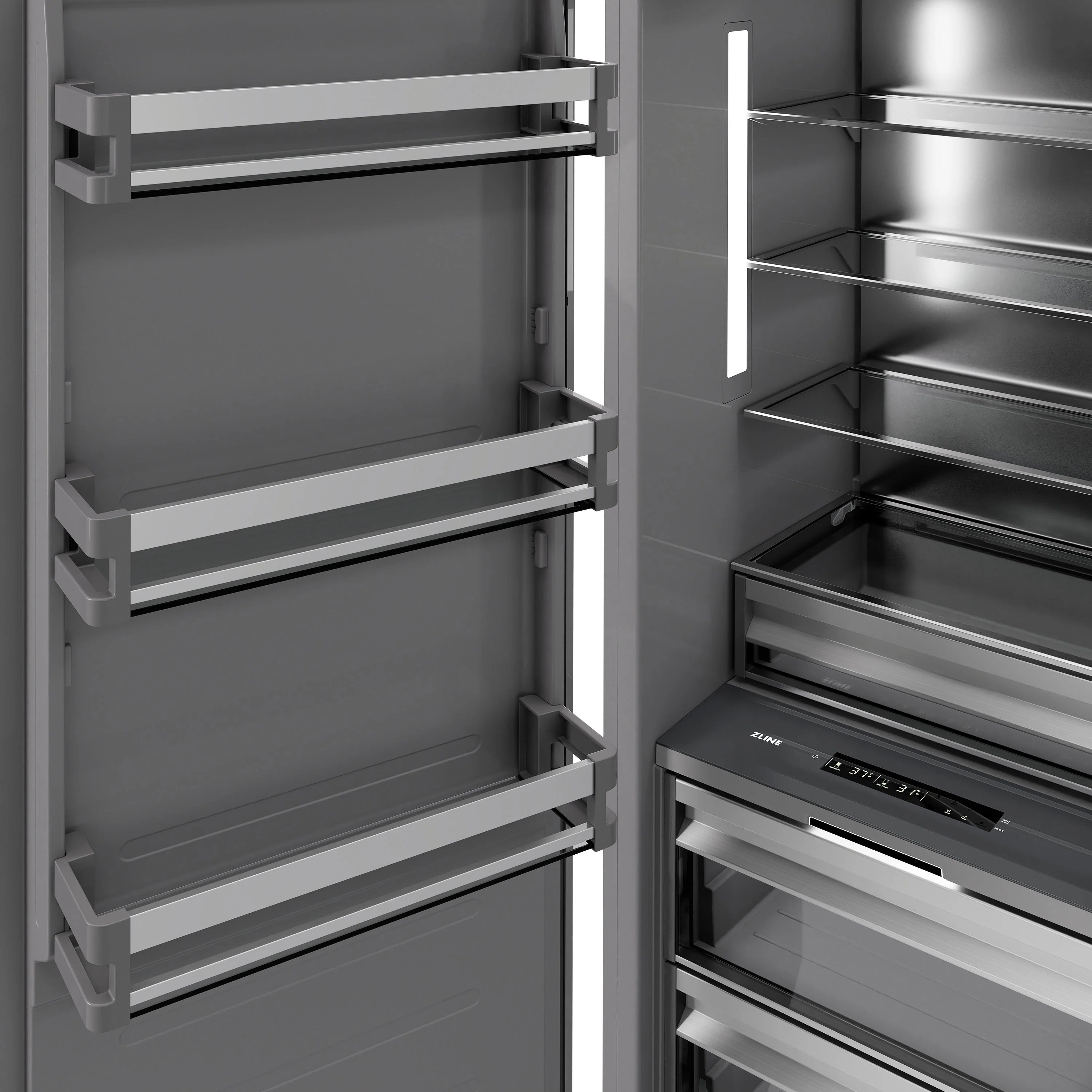 Column refrigerator interior with sliding shelves and pull-out drawers, graphite gray