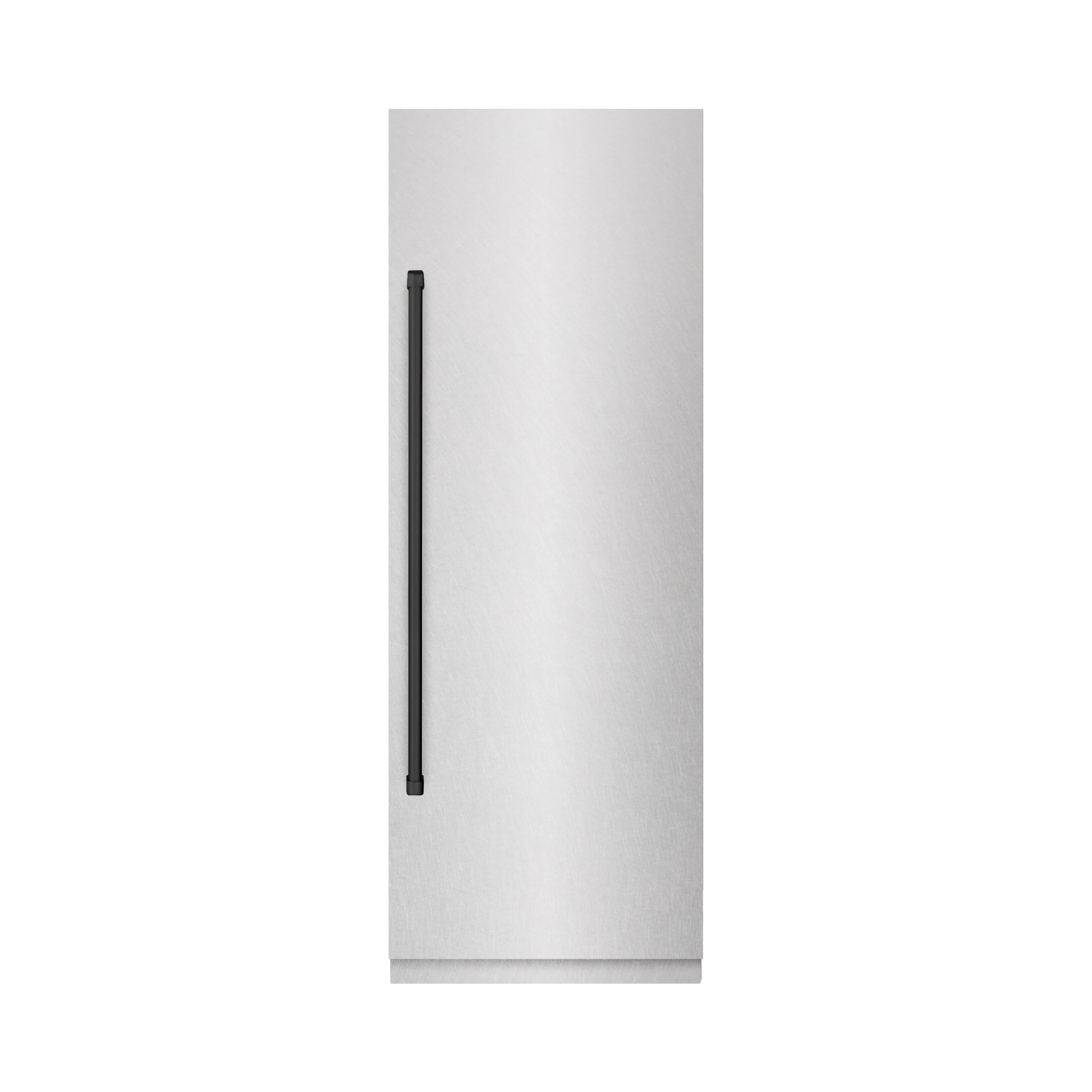 Column refrigerator exterior panel with vertical matte black handle on stainless steel