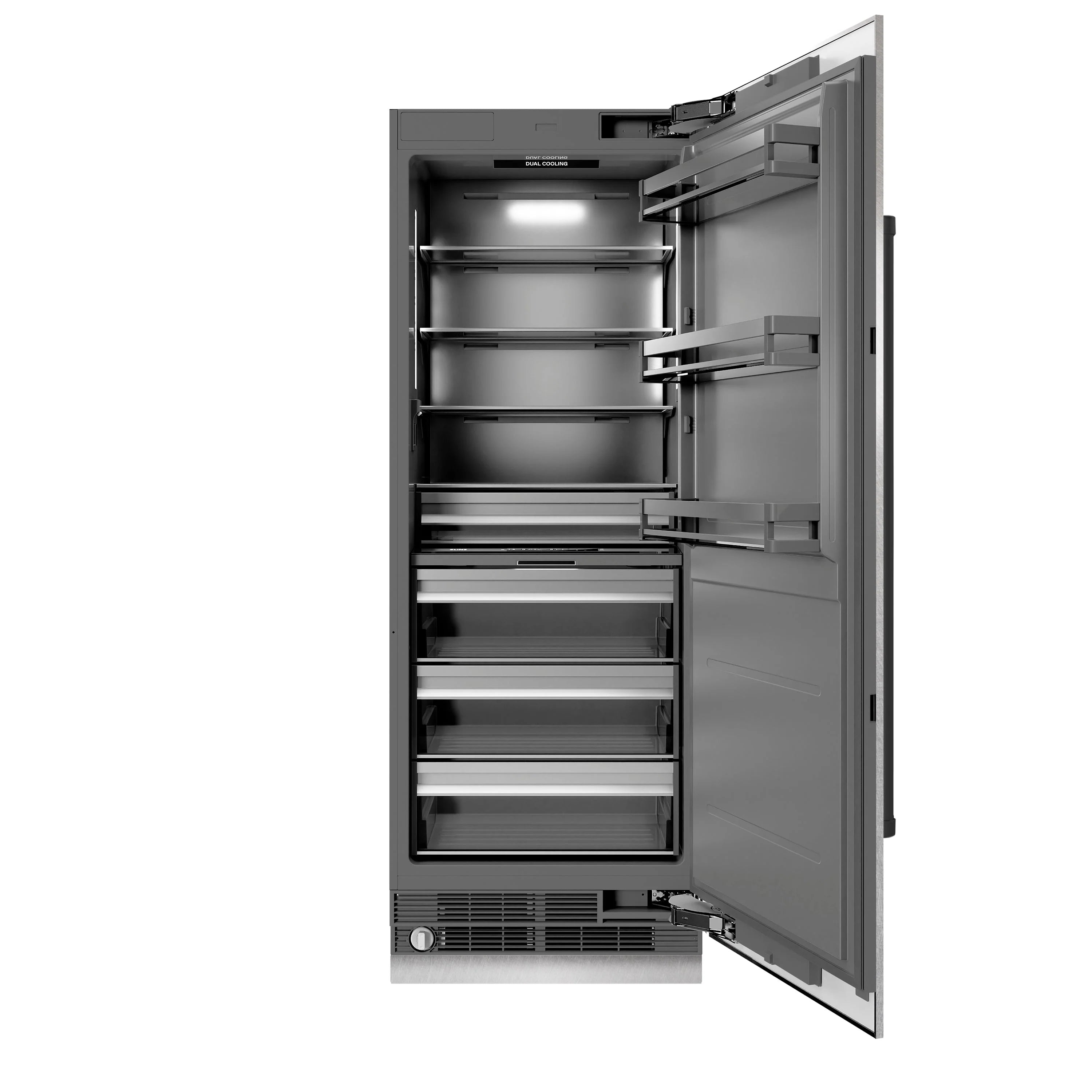 Open-door view of column refrigerator showing multiple shelves, drawers, and lower vents