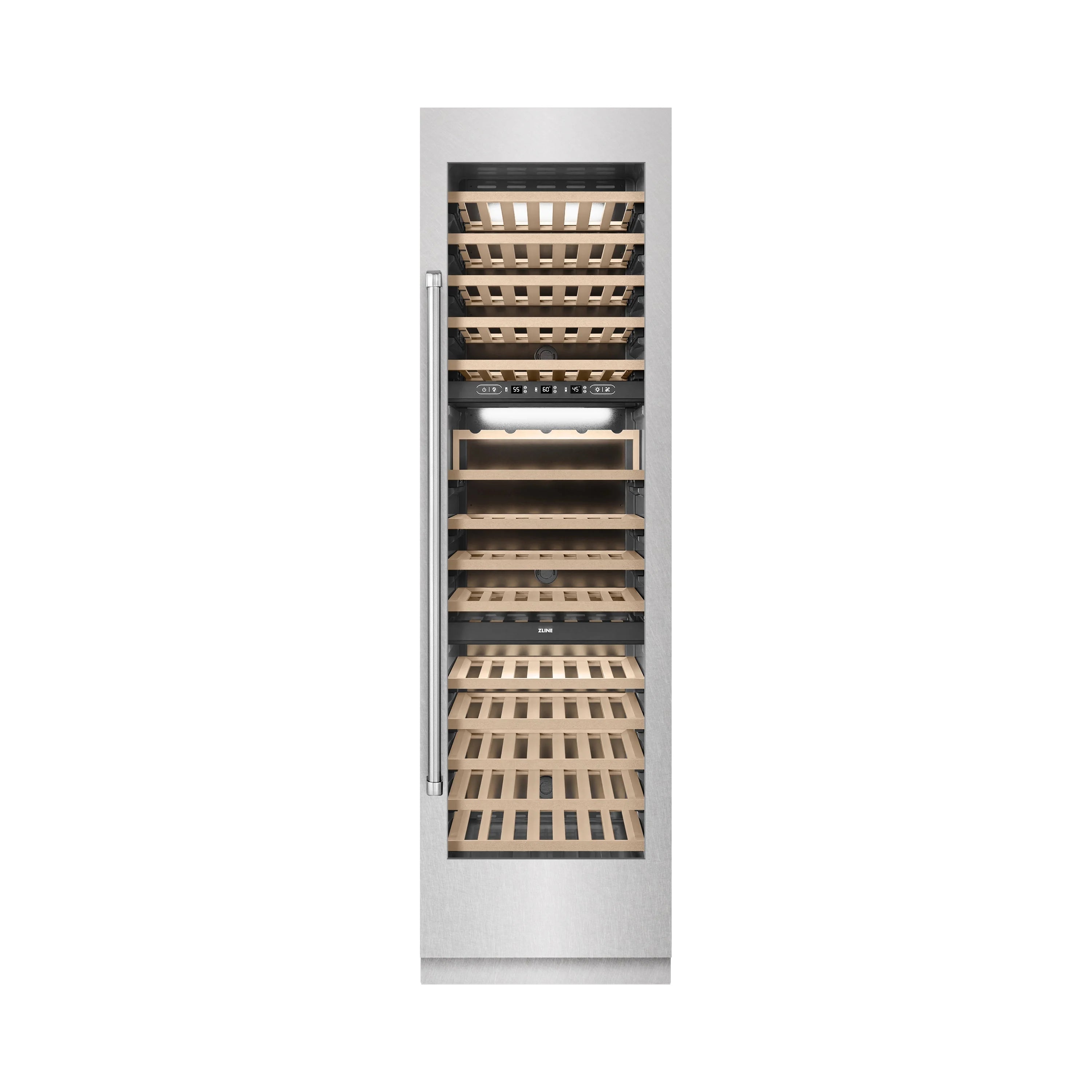 ZLINE column wine cooler with open door and crisscross wooden bottle racks