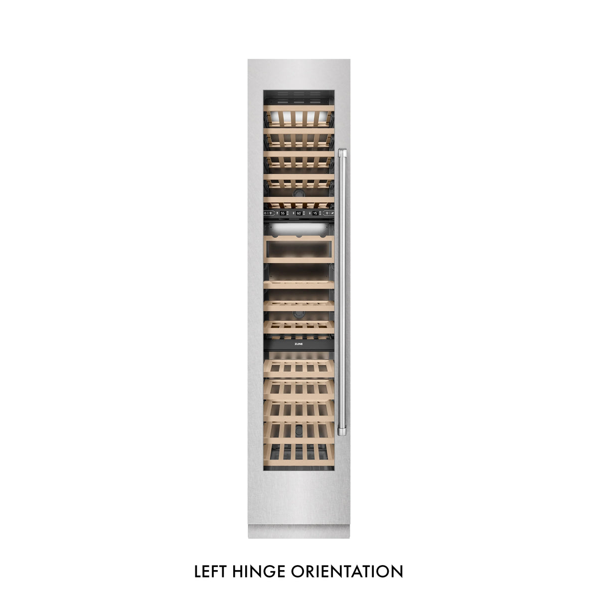 Satin stainless steel wine cooler with left-hinge orientation and open interior