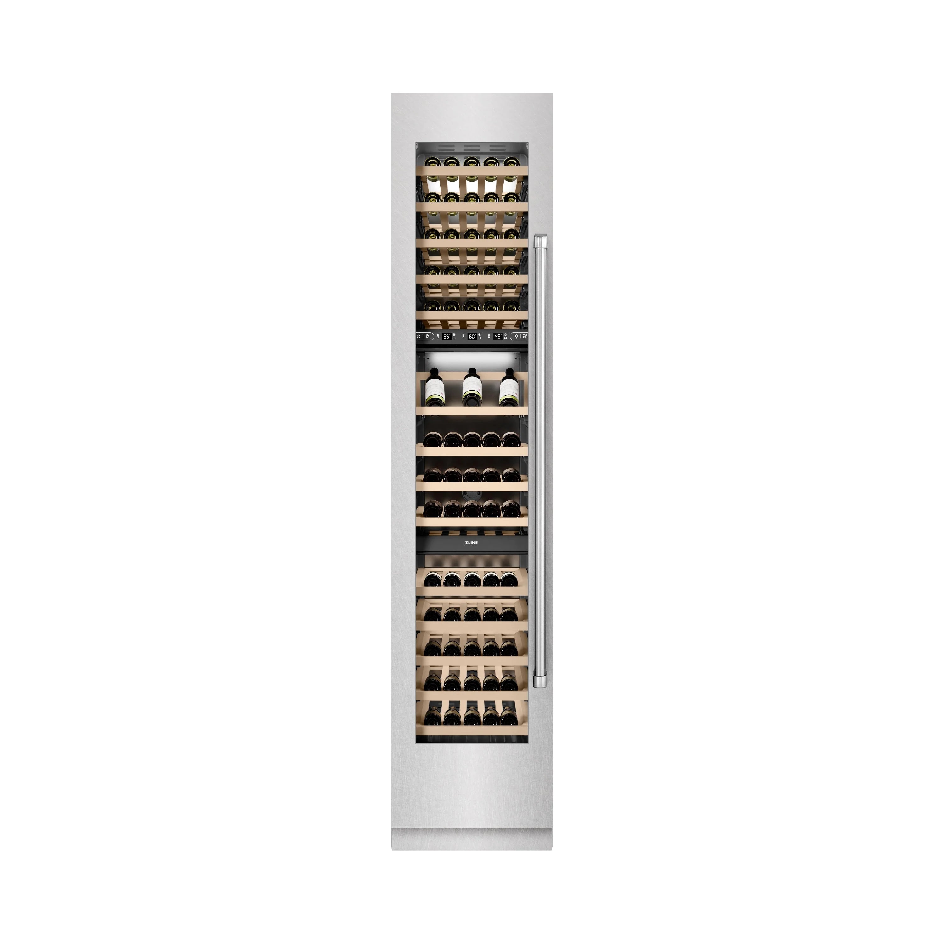 Satin stainless steel wine cooler with bottles stored on multiple wooden shelves