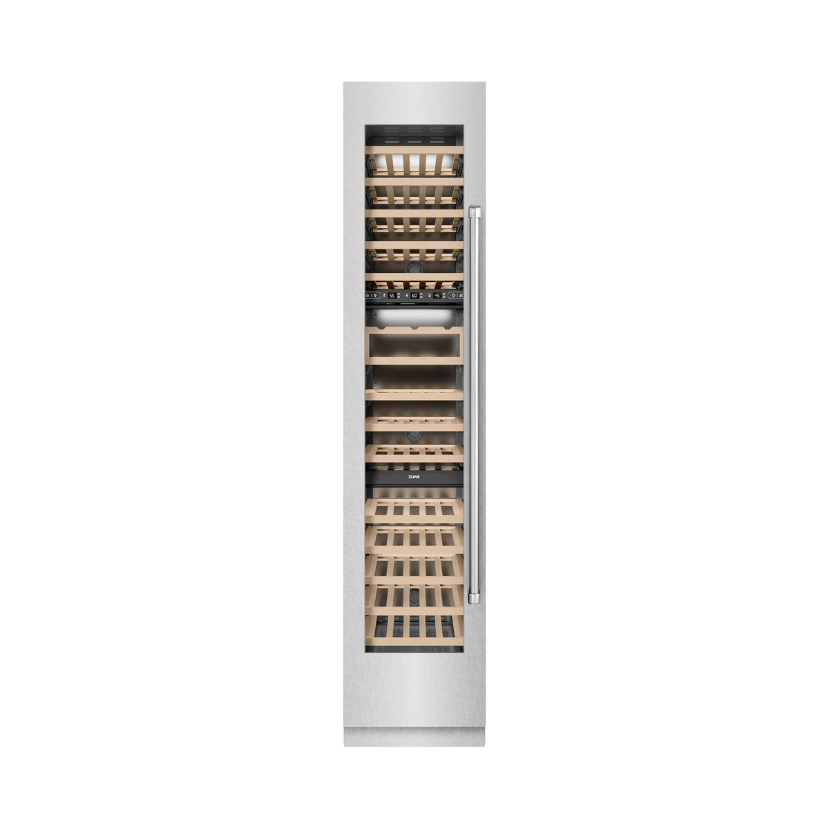 Satin stainless steel wine cooler cabinet with shelves and storage racks visible