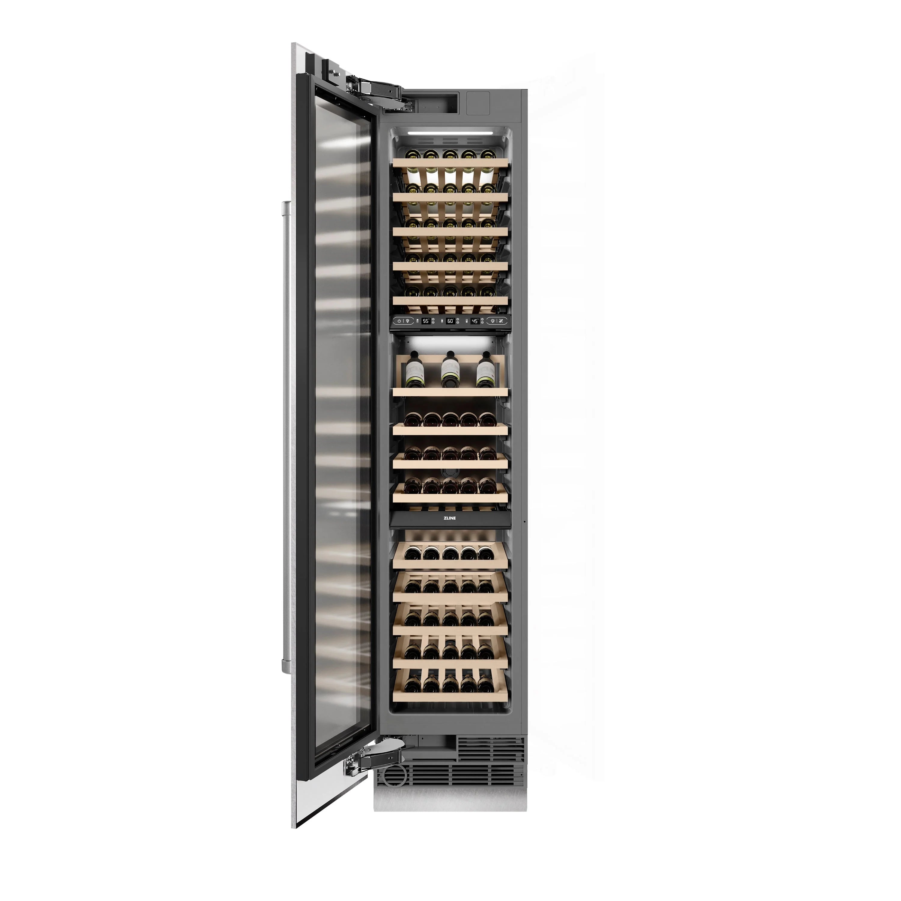 Triple-zone wine cooler with left-hinged door open, bottle racks visible